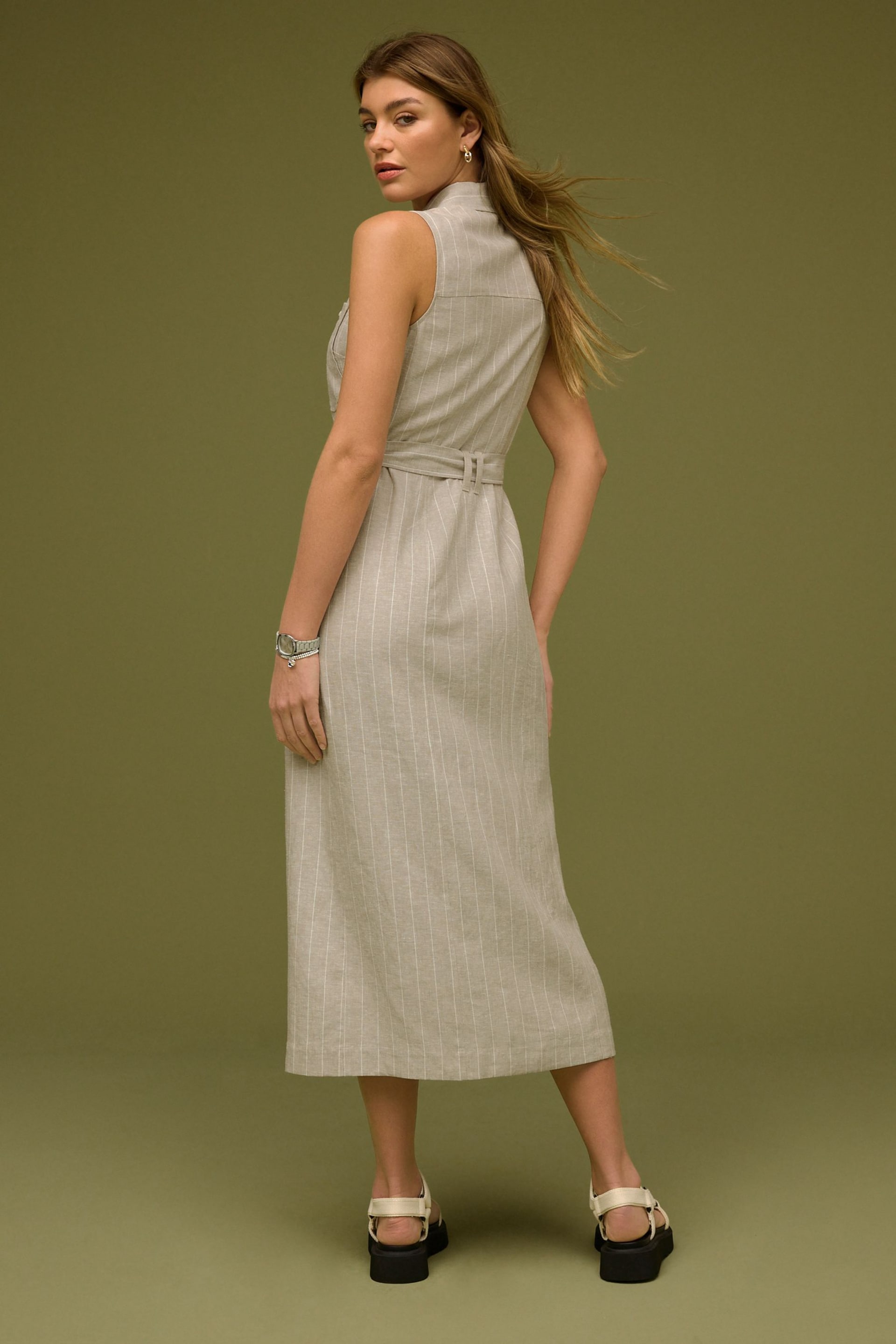 Mink Brown Linen Utility Pocket Sleeveless Midi Dress - Image 3 of 6