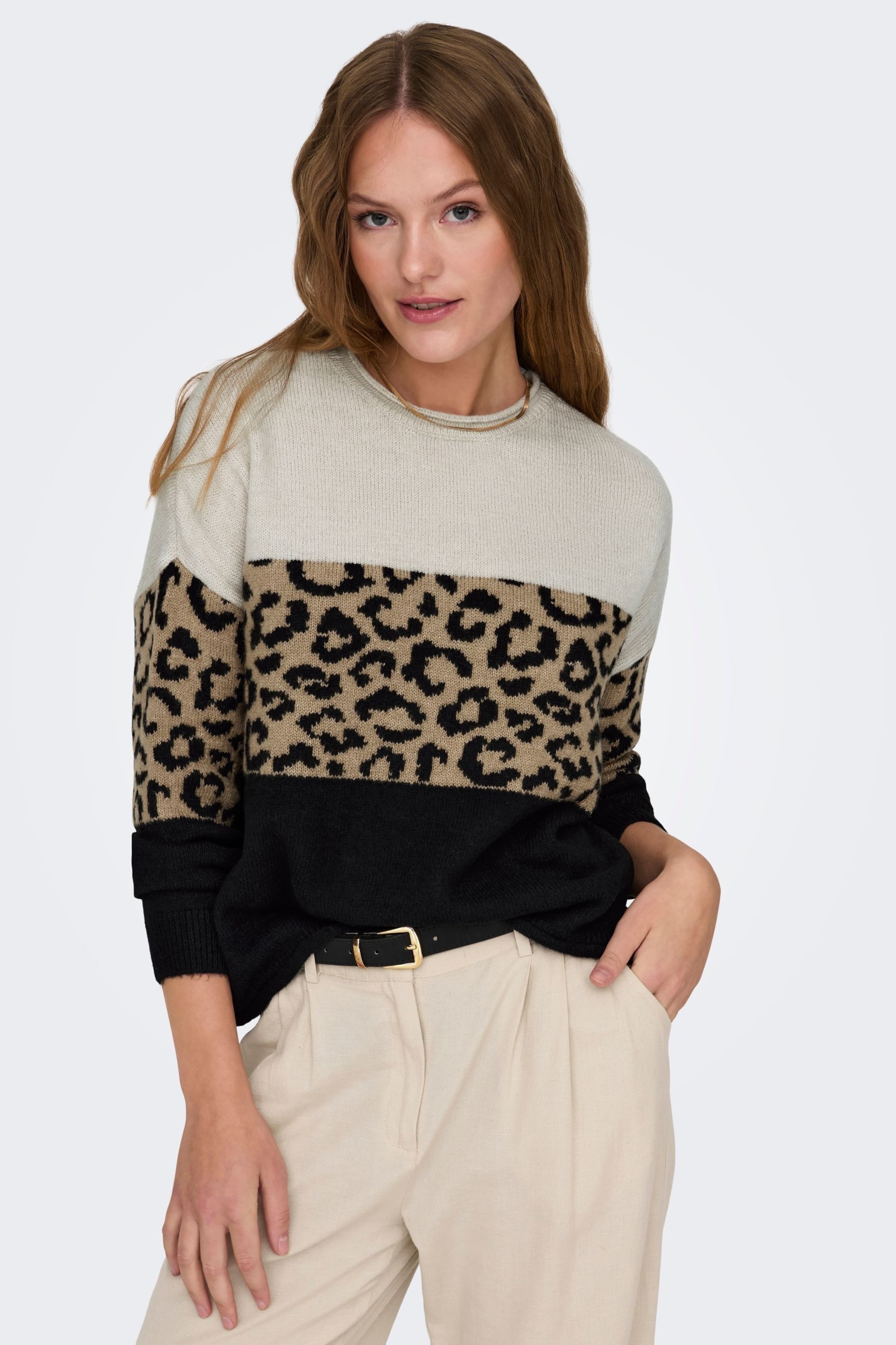 ONLY Cream Leopard Print Colourblock Knitted Jumper - Image 3 of 5