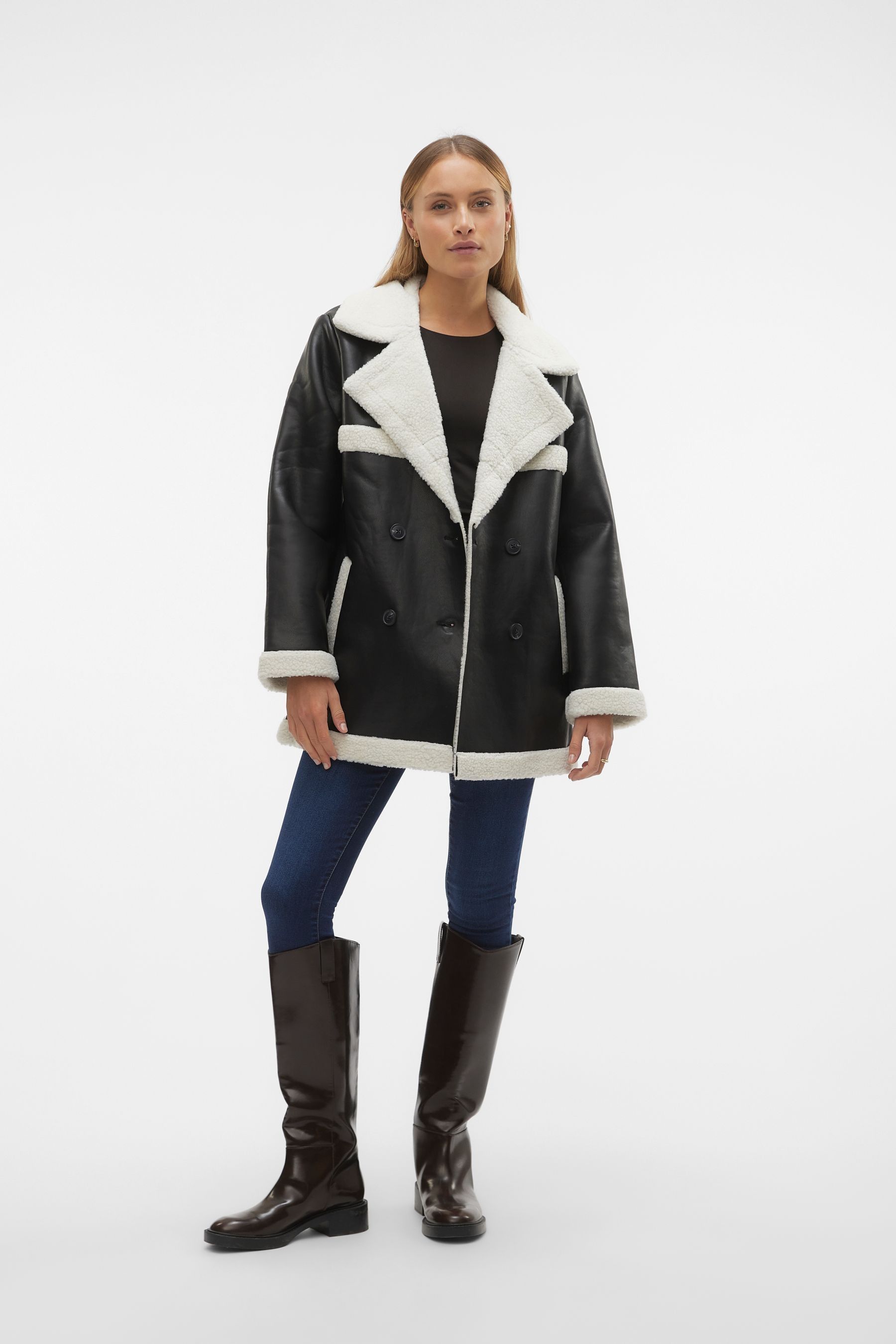 Buy VERO MODA Black Faux Leather Relaxed Aviator Jacket with Cosy Borg Lining from Next Luxembourg