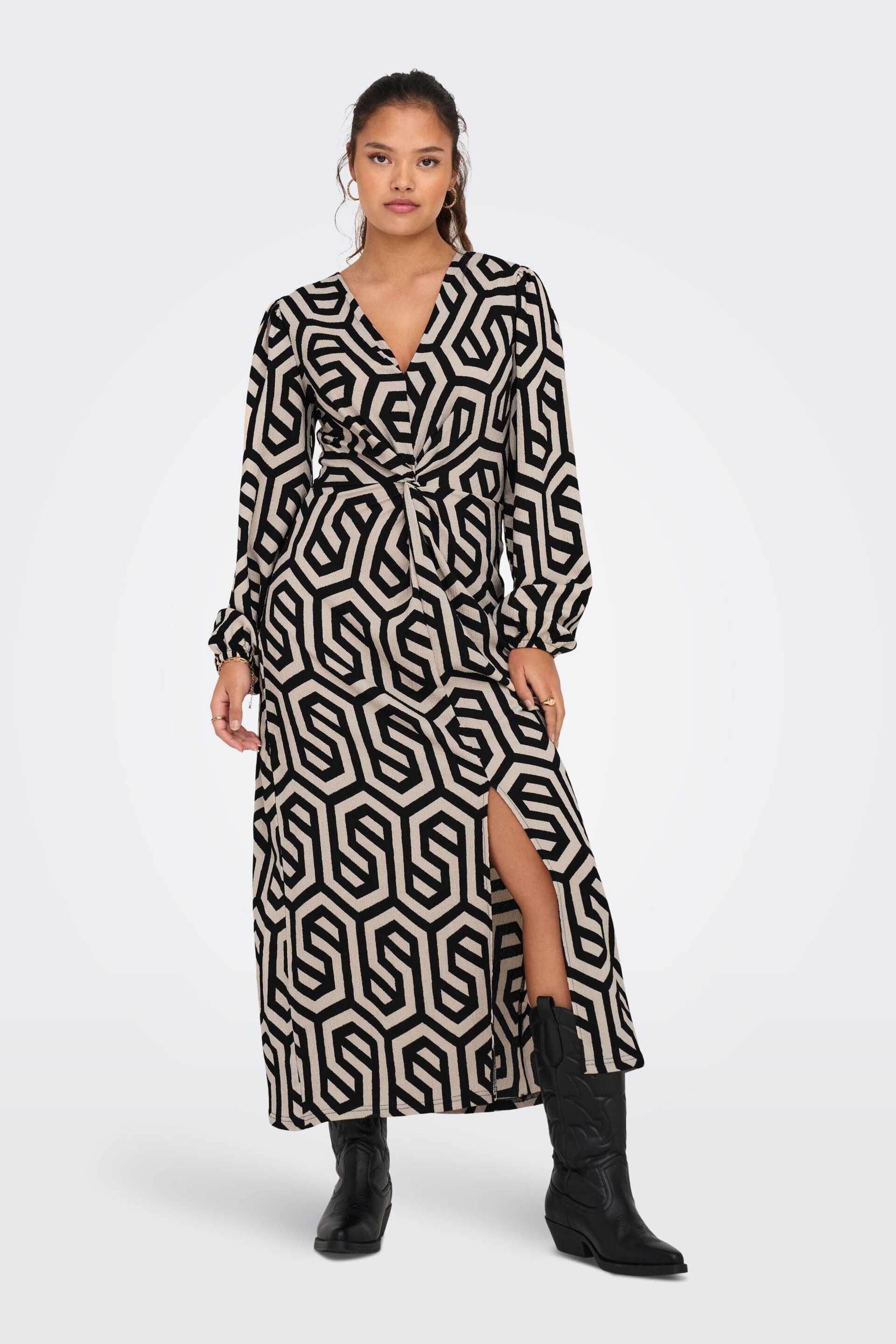 JDY Black Abstract Print V-Neck Midi Dress - Image 1 of 6