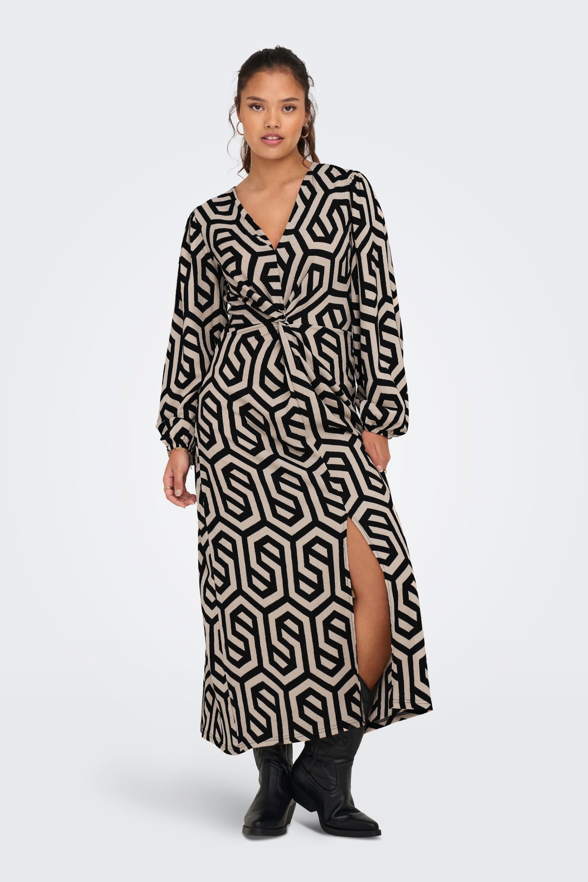 JDY Black Abstract Print V-Neck Midi Dress - Image 3 of 6