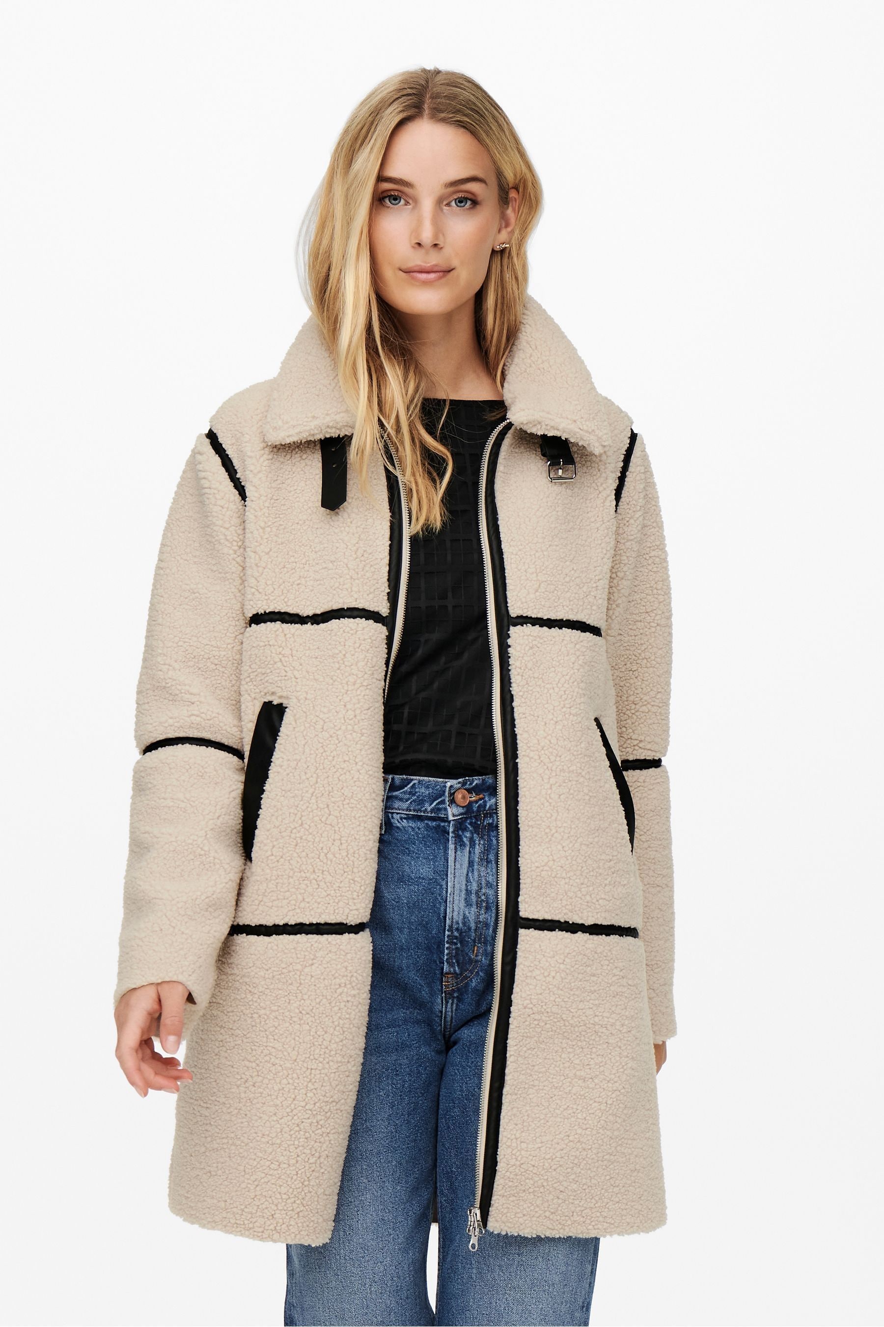 Buy JDY Cream Teddy Borg Longline Coat With Contrast Piping from Next Luxembourg