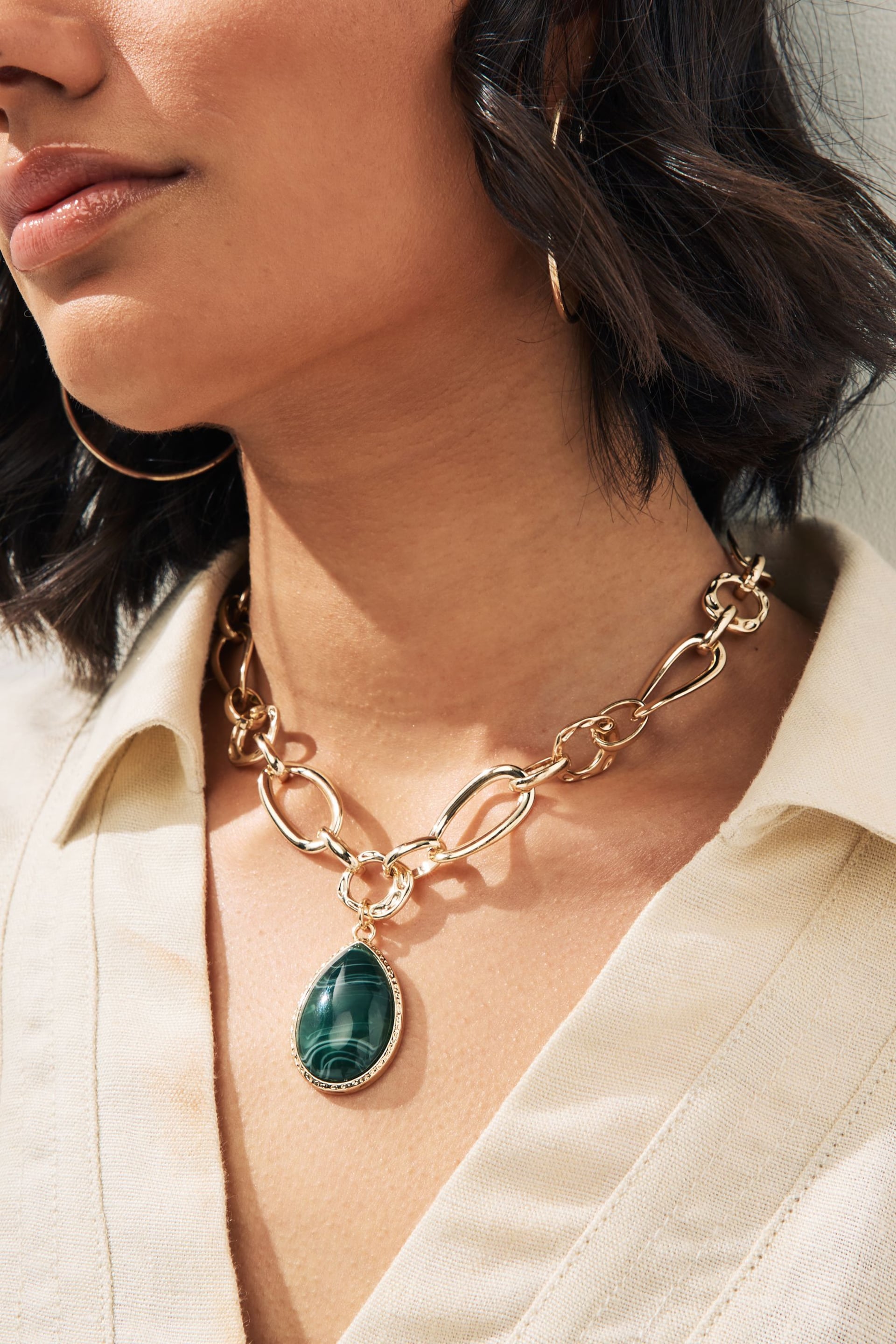Gold Tone Chunky Chain Green Faux Stone Drop Necklace Made With Recycled Metals - Image 1 of 4