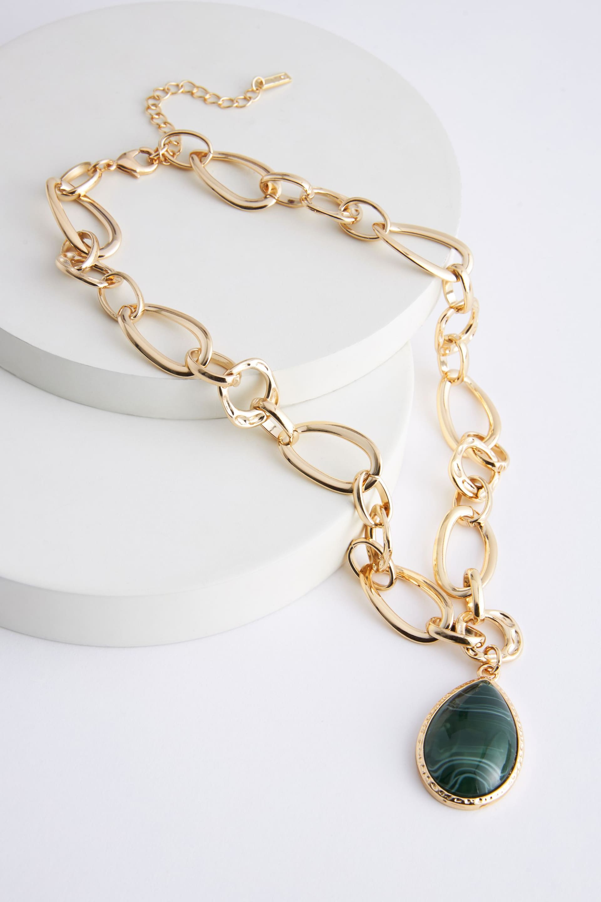 Gold Tone Chunky Chain Green Faux Stone Drop Necklace Made With Recycled Metals - Image 3 of 4