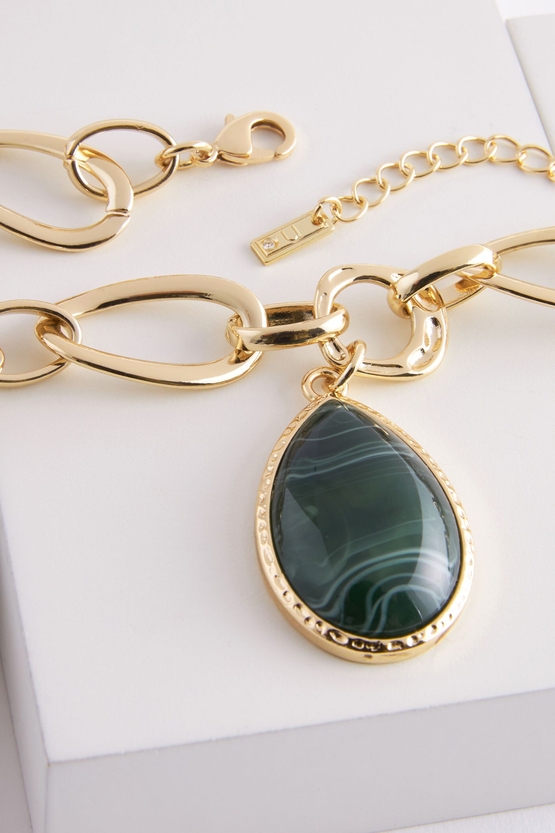 Gold Tone Chunky Chain Green Faux Stone Drop Necklace Made With Recycled Metals - Image 4 of 4