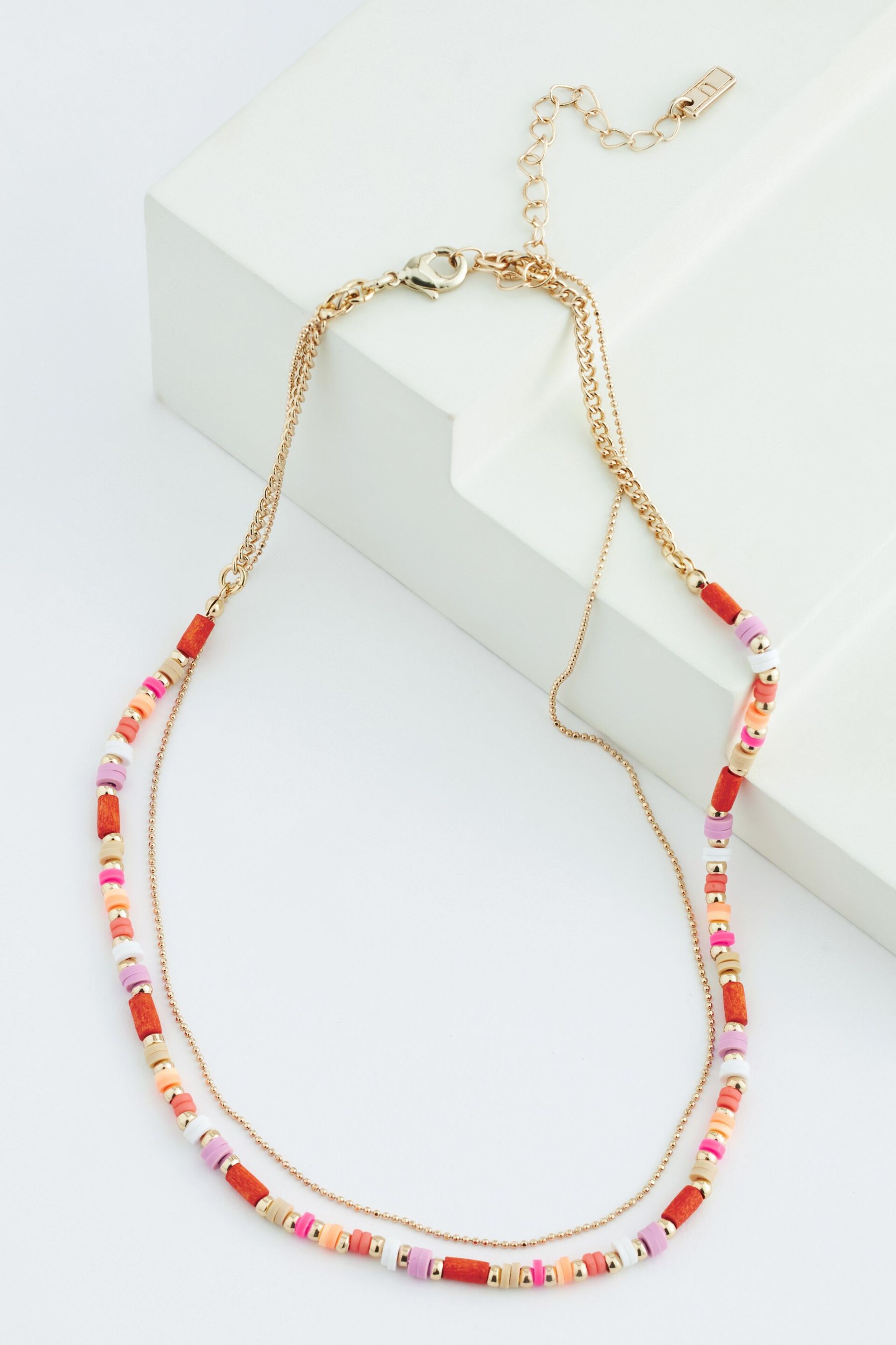 Gold Tone Pink Layered Necklace - Image 4 of 5