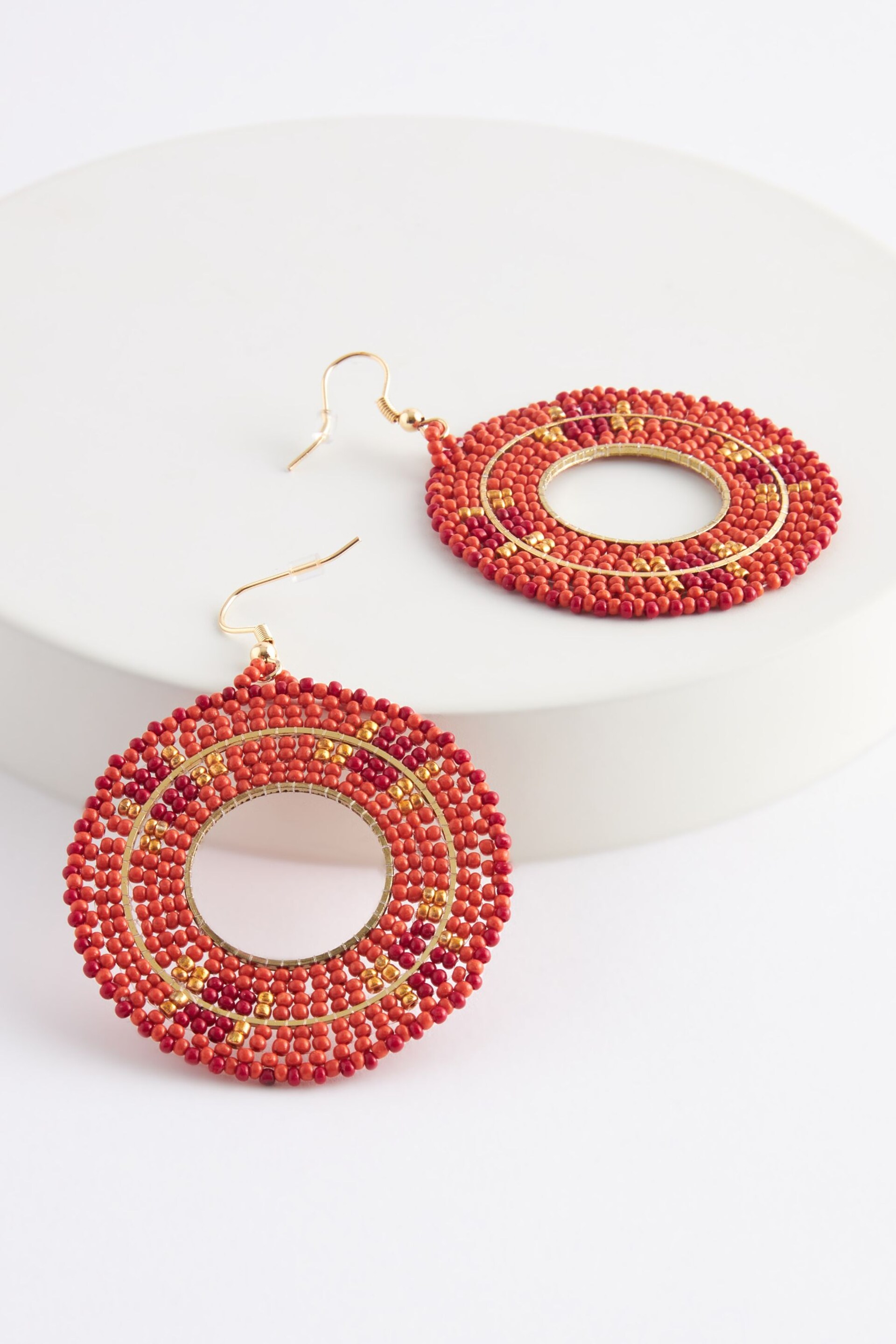 Red Seed Beaded Circle Drop Earrings - Image 3 of 3