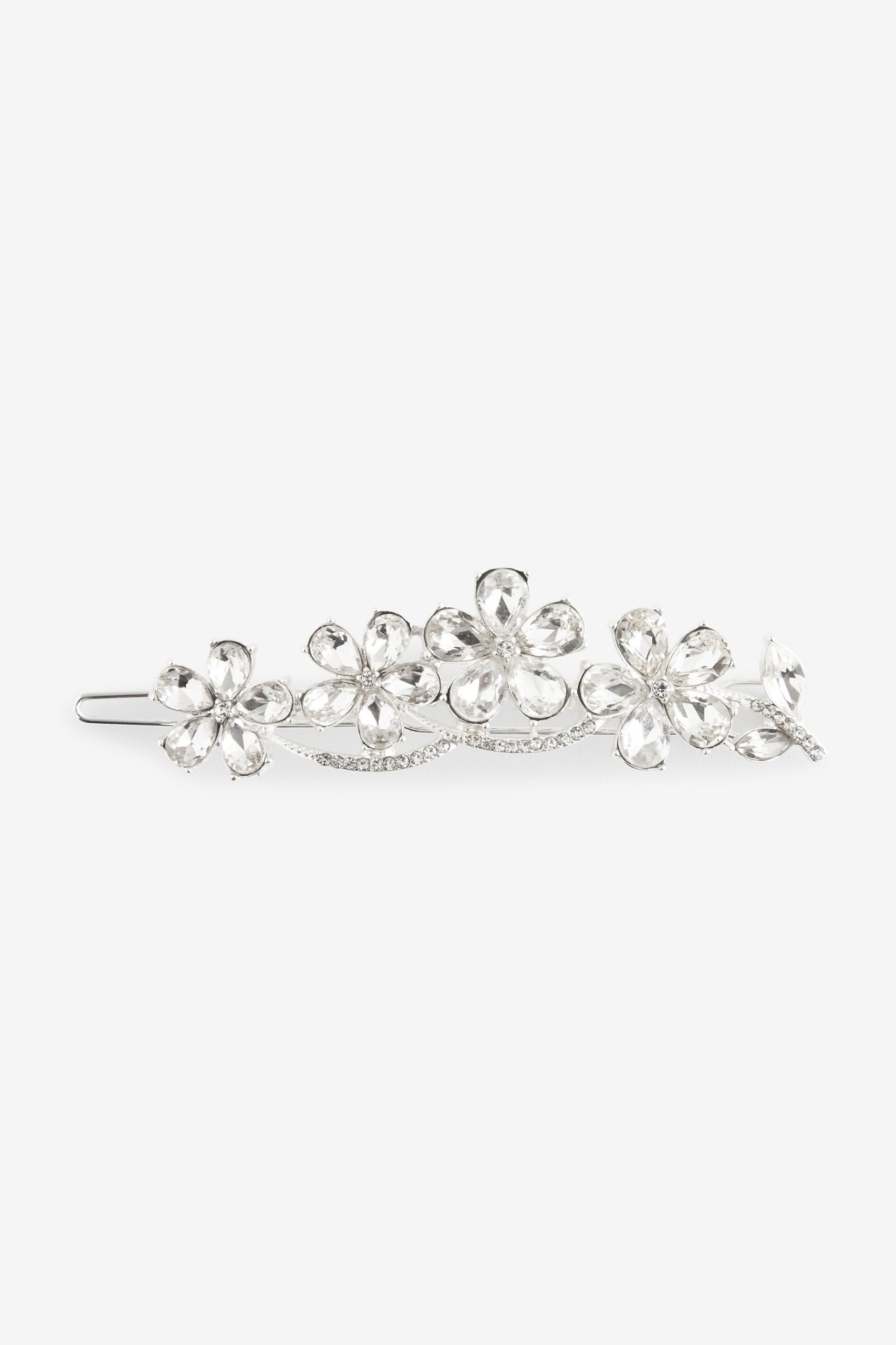 Silver Tone Bridal Sparkle Flower Barrette Hair Clip - Image 3 of 5