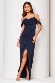 Lipsy Navy Blue Petite Cowl Lace Cami Drape Maxi Dress - Image 1 of 4