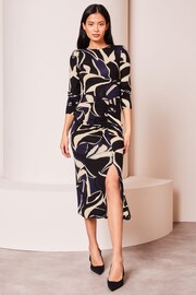 Lipsy Navy Blue Ruched Side Long Sleeve Printed Midi Dress - Image 1 of 4