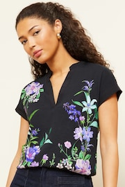 Love & Roses Black Floral Petite Jersey V Neck Woven Trim Shortss Sleeve T-Shirt - Image 1 of 4