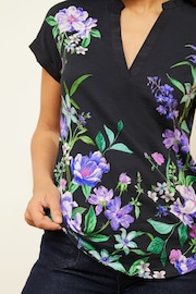 Love & Roses Black Floral Petite Jersey V Neck Woven Trim Shortss Sleeve T-Shirt - Image 2 of 4