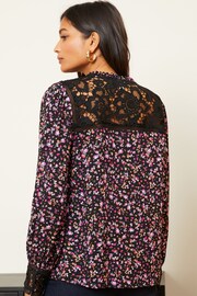 Love & Roses Black Ditsy Lace Yoke Ruffle Neck Button Through Blouse - Image 3 of 4