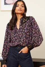 Love & Roses Black Ditsy Lace Yoke Ruffle Neck Button Through Blouse - Image 4 of 4