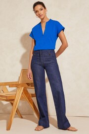 Love & Roses Blue Petite Jersey V Neck Woven Trim Shortsss Sleeve T-Shirt - Image 4 of 4