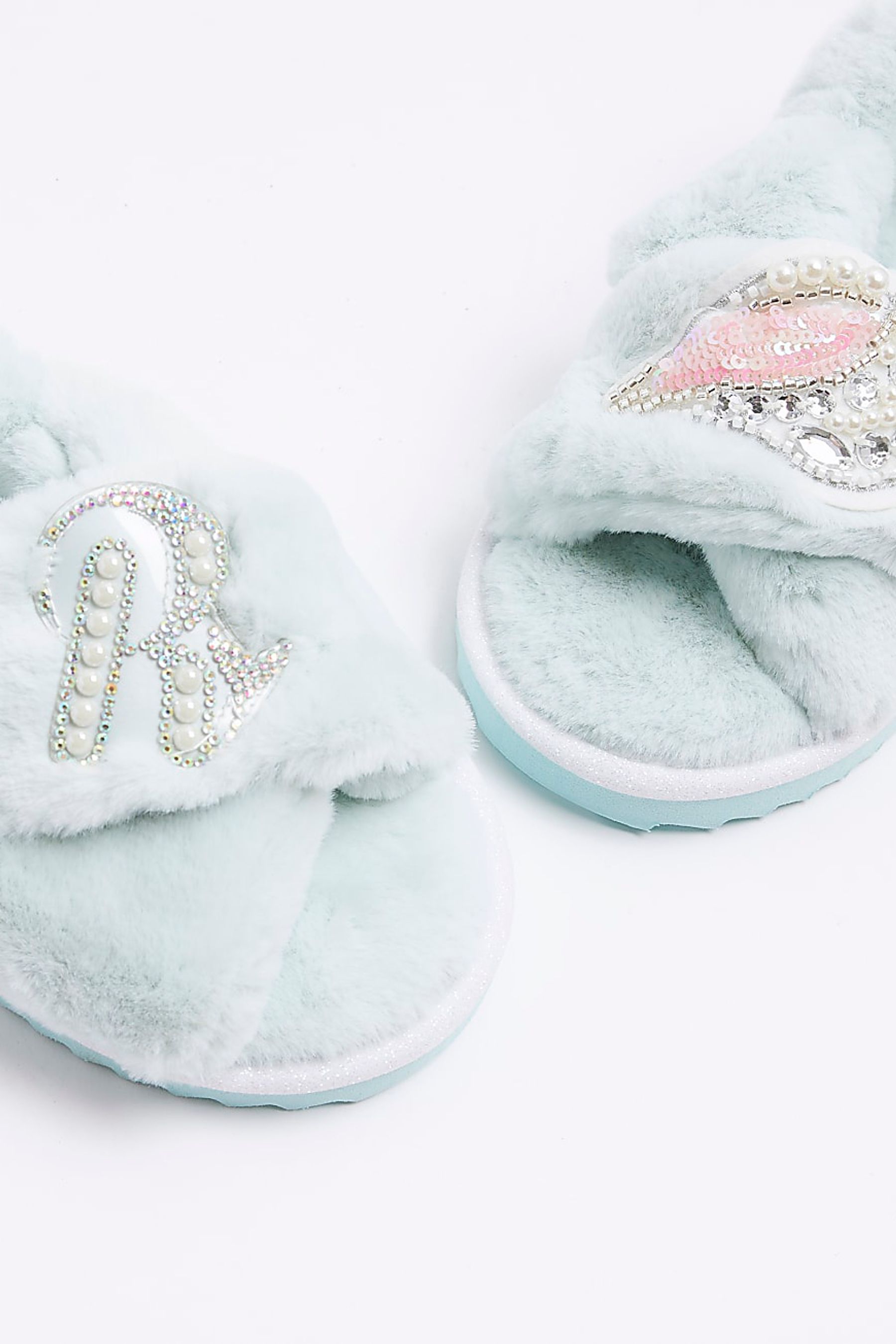 Buy River Island Blue Girls Faux Fur Shell Badge Slippers from Next Ireland