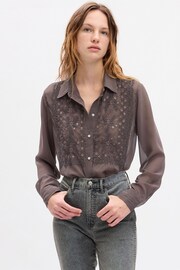 Gap Brown Beaded Sheer Boyfriend Shirt - Image 1 of 4