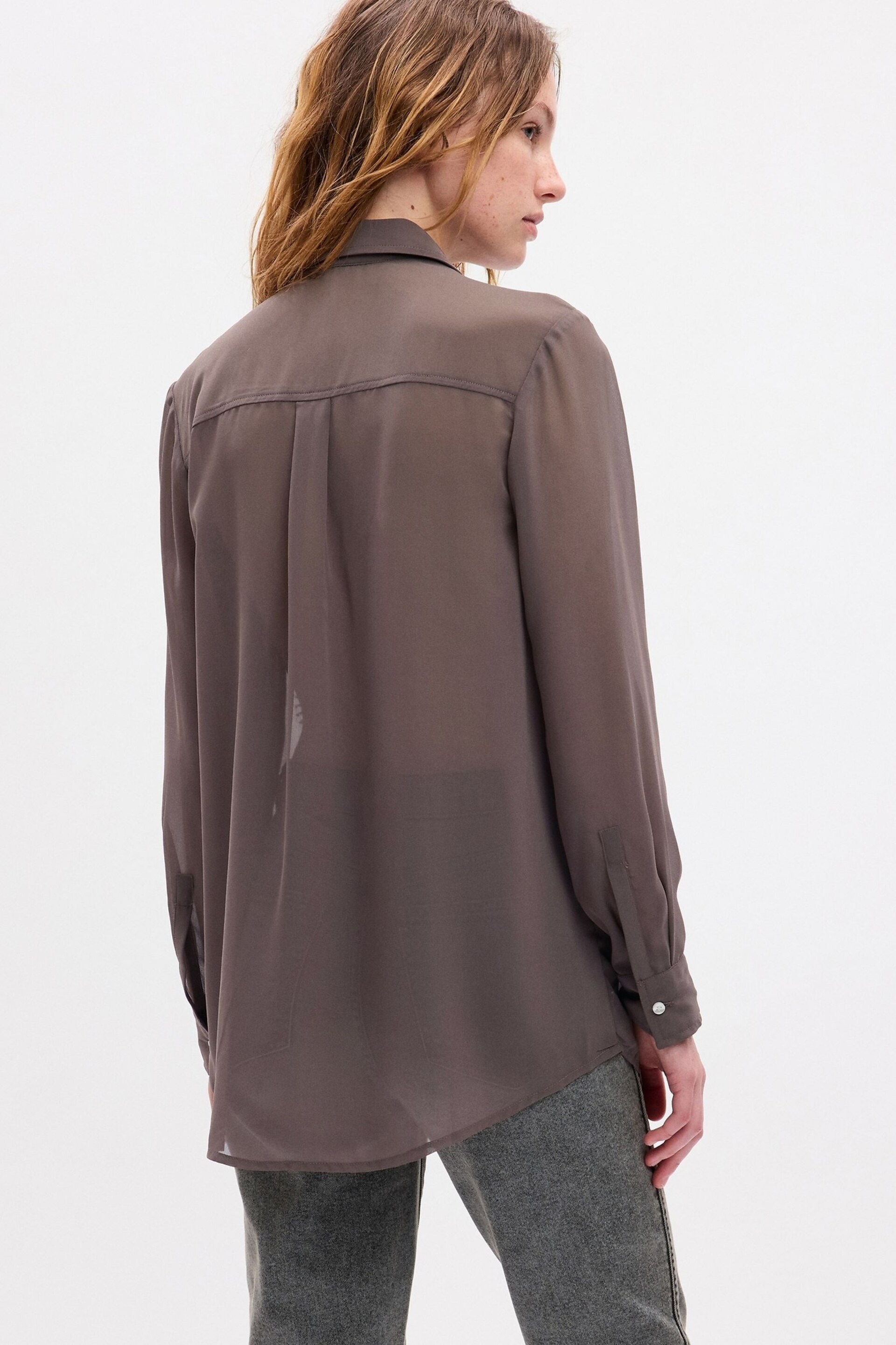 Gap Brown Beaded Sheer Boyfriend Shirt - Image 2 of 4