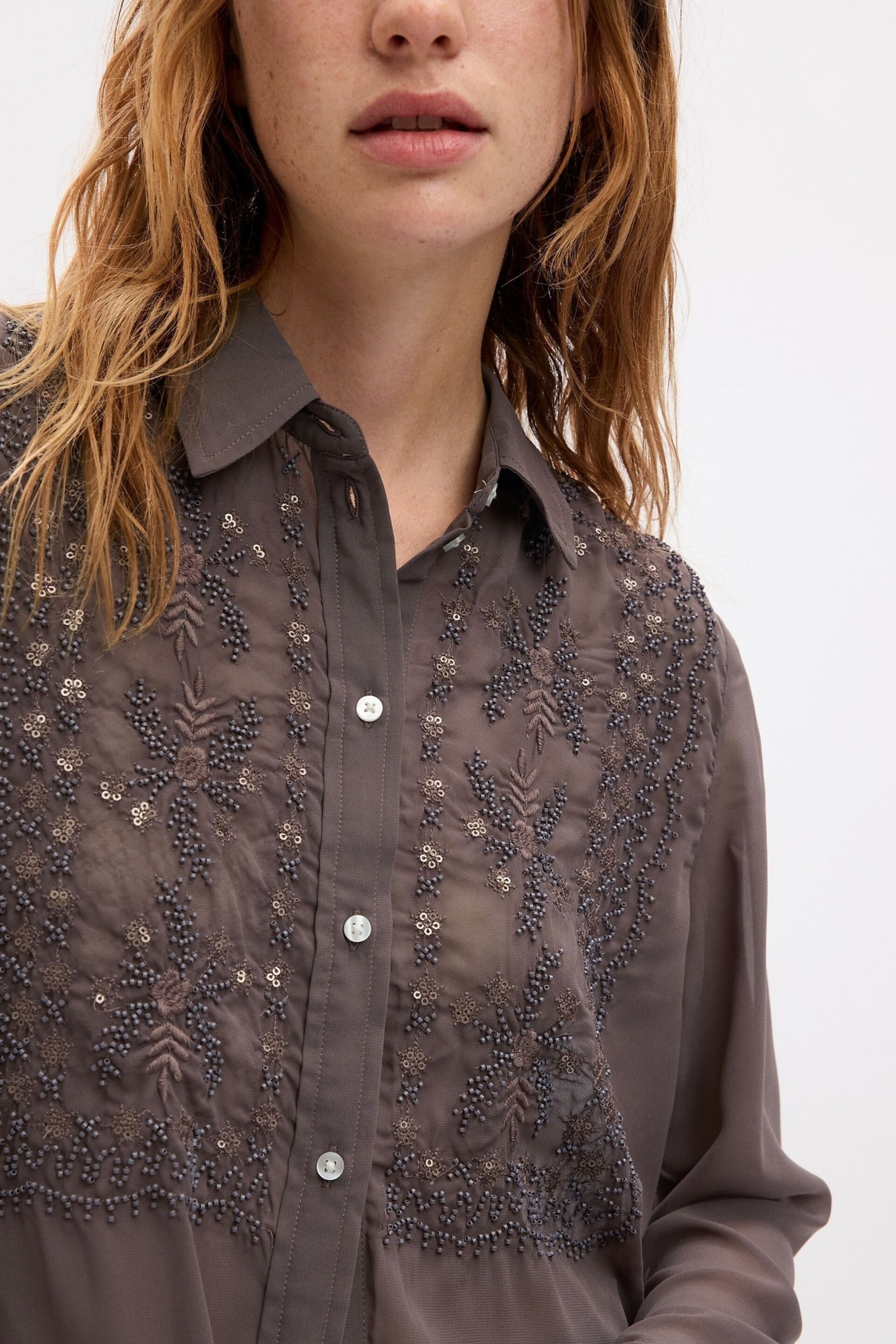 Gap Brown Beaded Sheer Boyfriend Shirt - Image 3 of 4