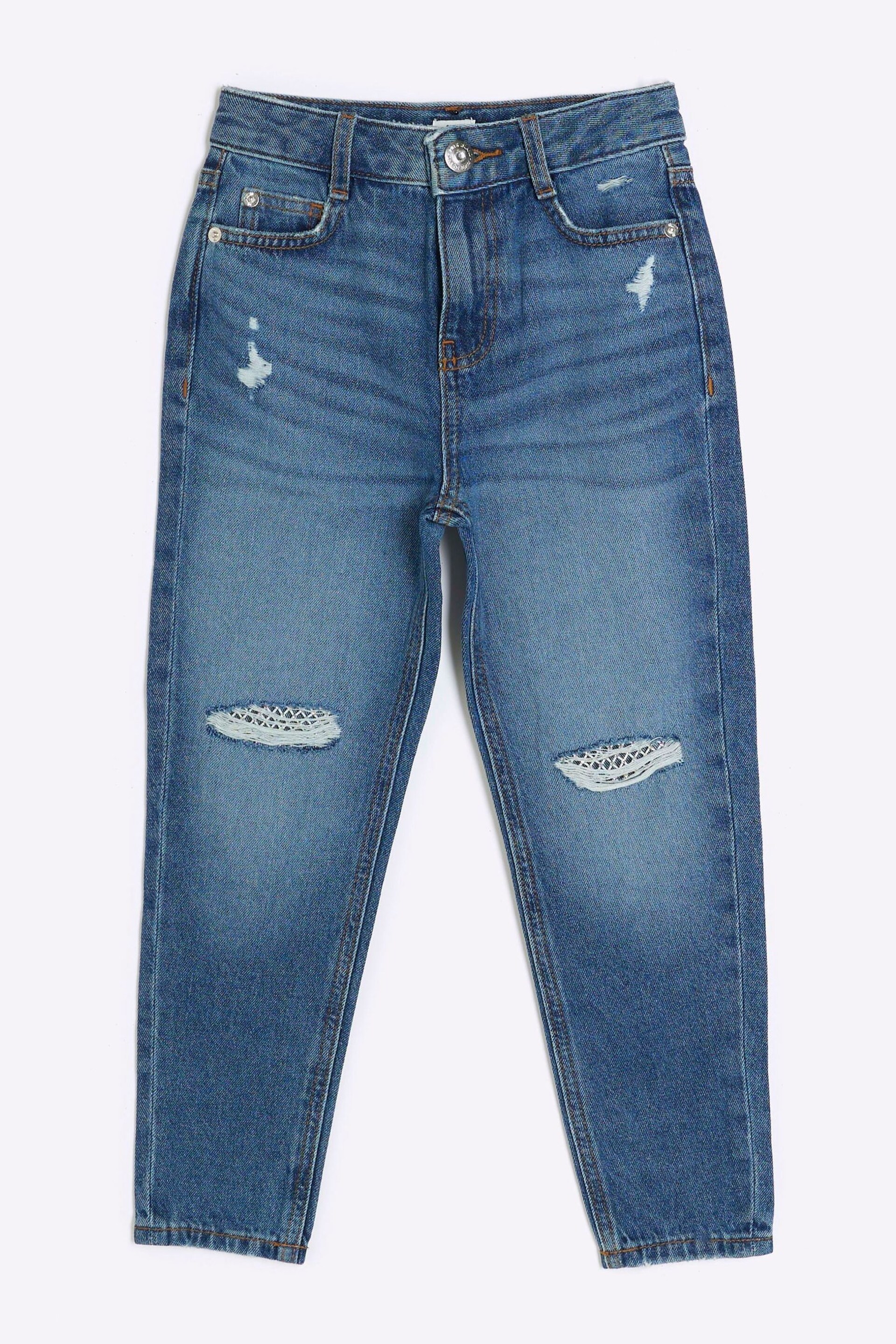 River Island Blue Mom Girls Diamante Fishnet Knee Jeans - Image 1 of 4