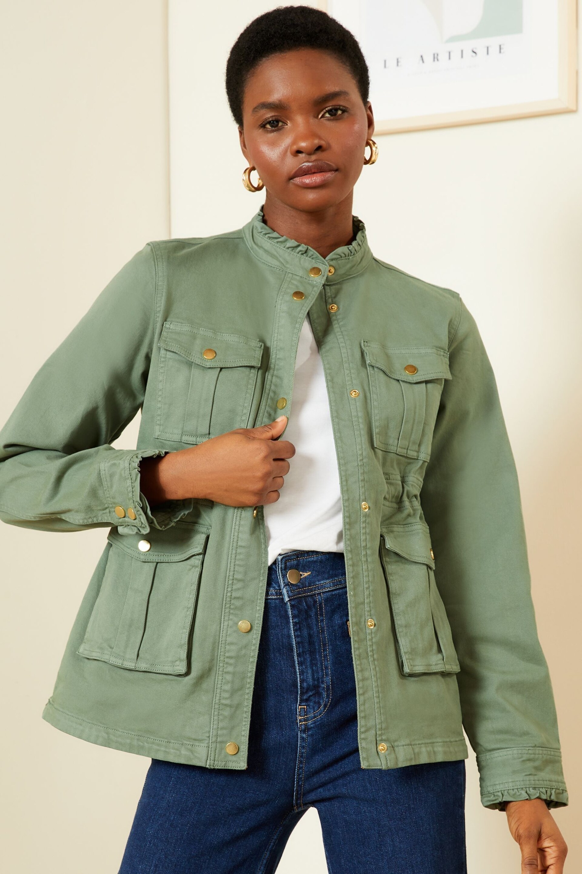 Love & Roses Khaki Green Utility Front Pocket Button Through Jacket - Image 1 of 4