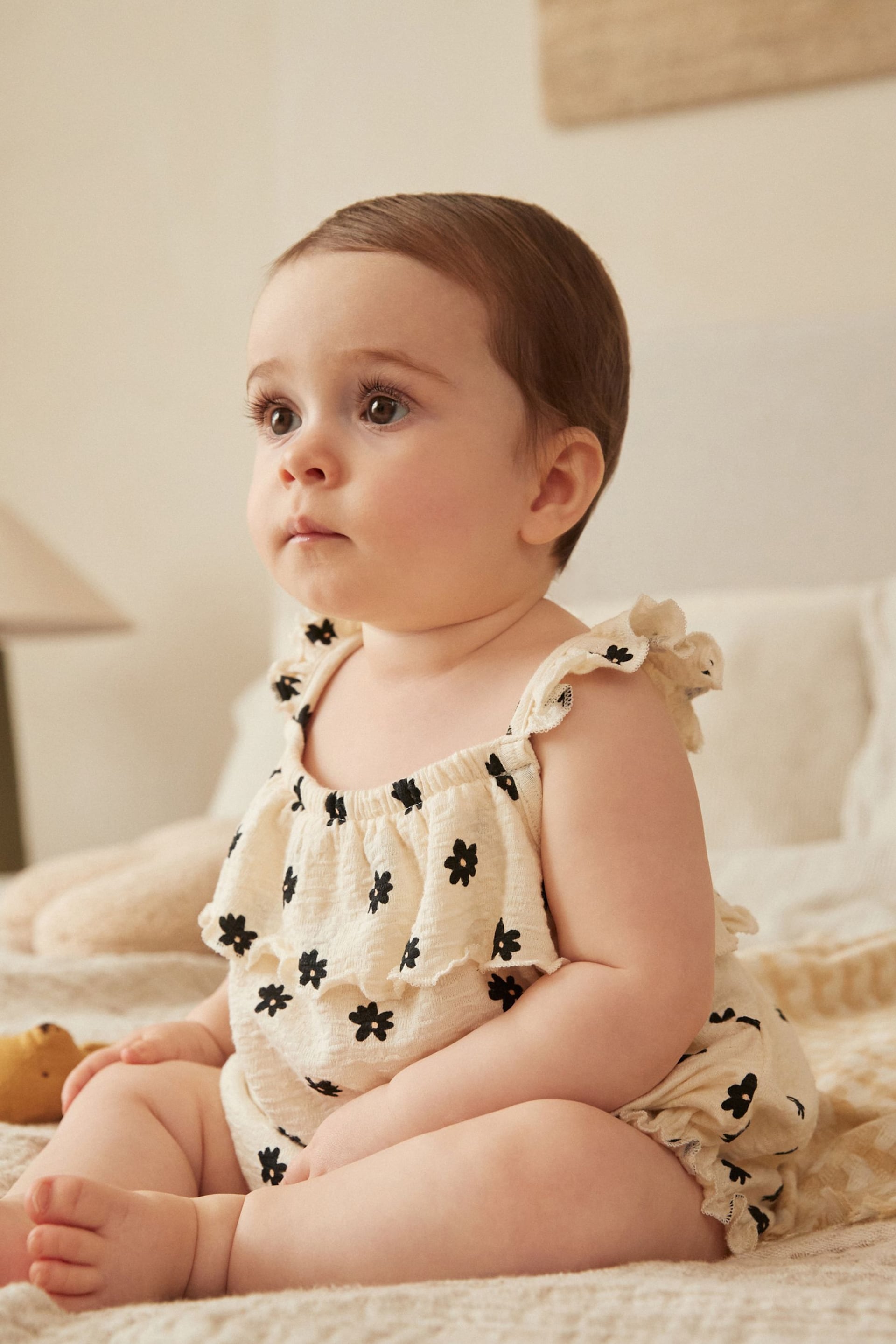 Cream/Black Floral Textured Strappy Baby Romper - Image 1 of 9