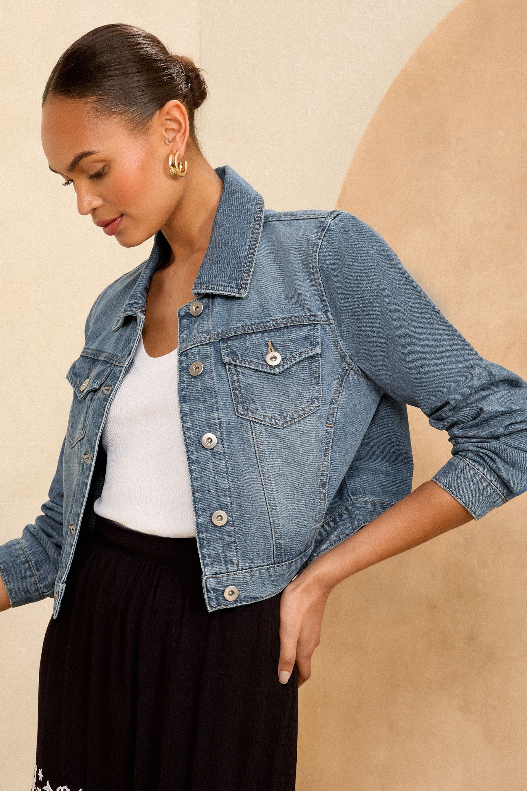 Buy Love Roses Authentic Blue Petite Crop Denim Jacket from the Next UK online shop