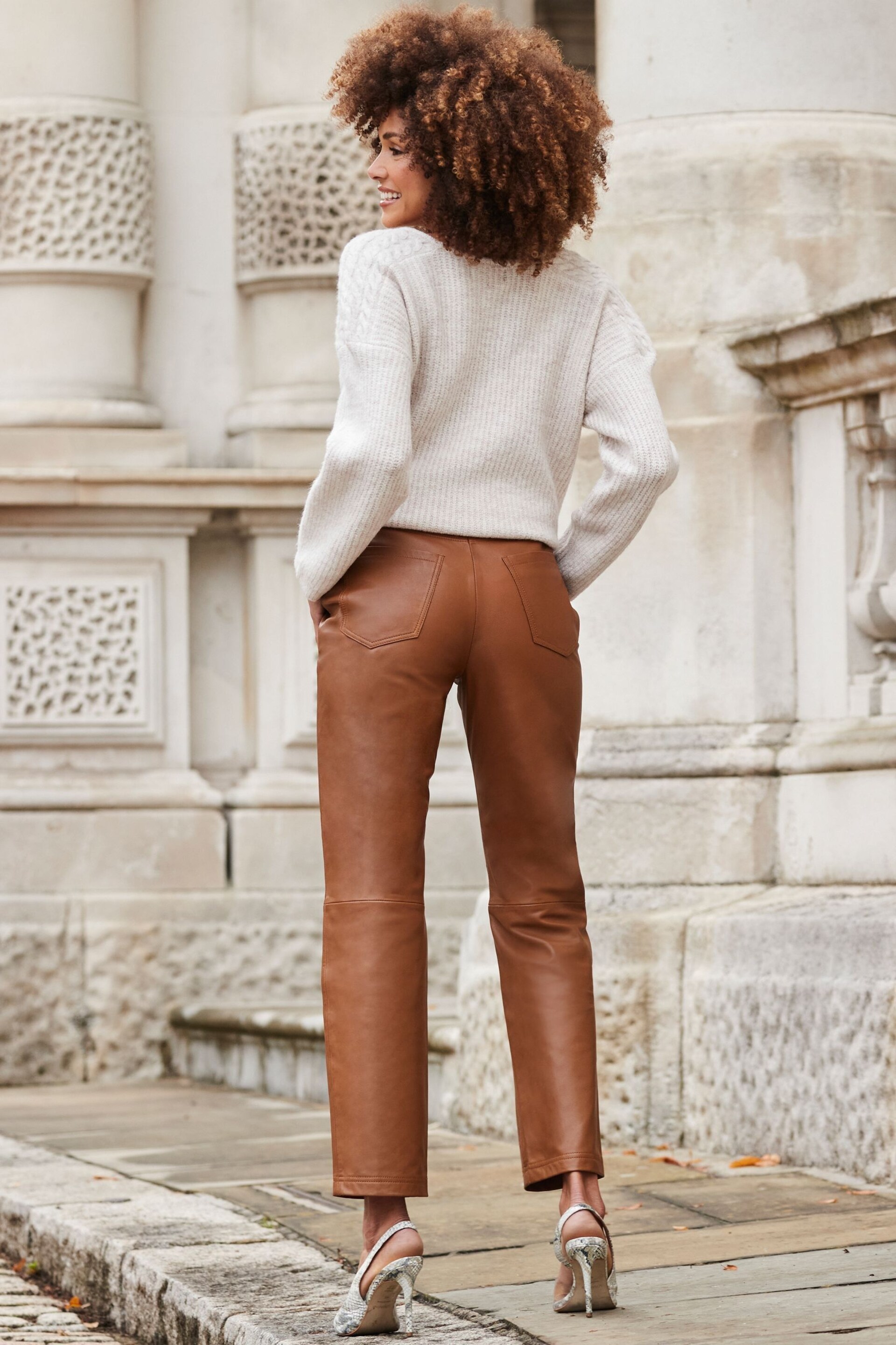 Sosandar Brown Chrome Leather Straight Leg Trousers - Image 3 of 4