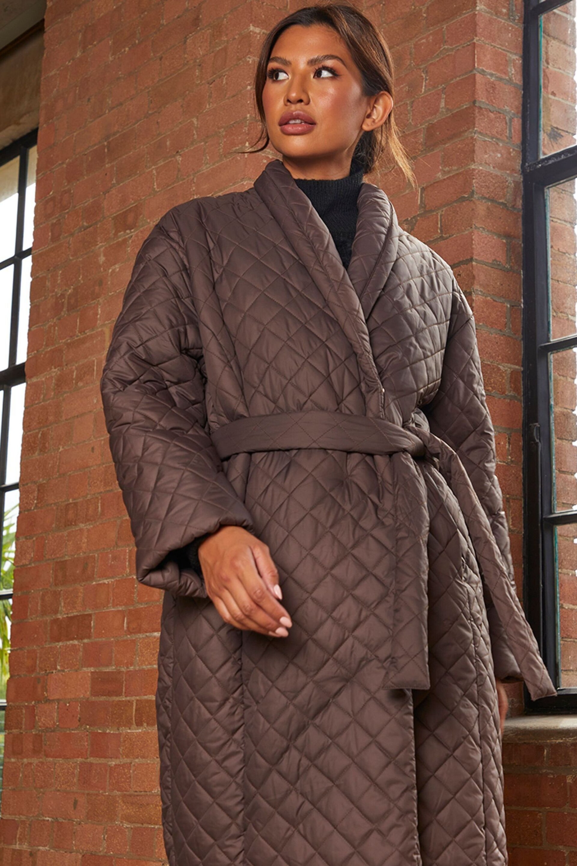 Chi Chi London Brown Diamond Quilted Longline Belted Coat - Image 2 of 4