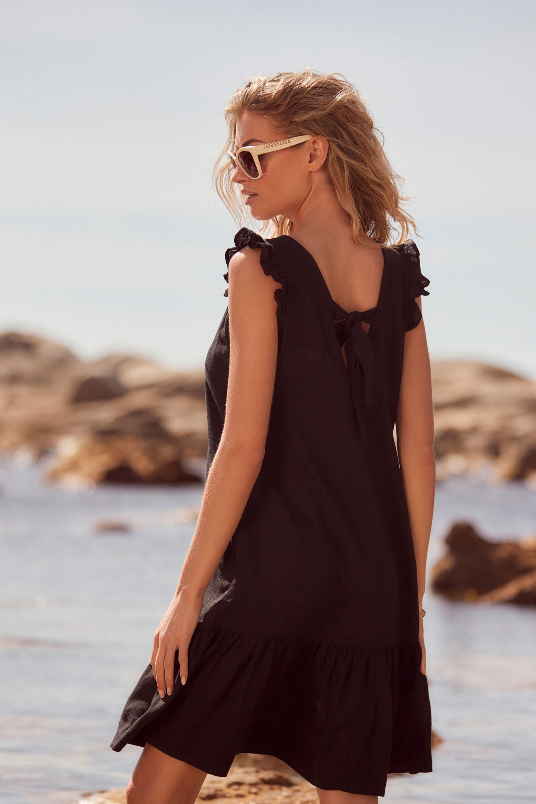 Buy Black Ruffle Sleeve V Neck Linen Blend Summer Dress from the Next UK online shop