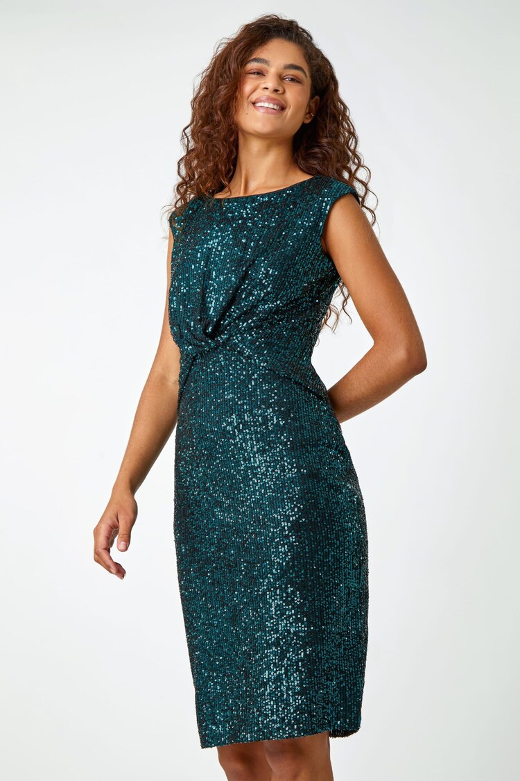 Roman Green Sequin Twist Front Stretch Dress - Image 1 of 5