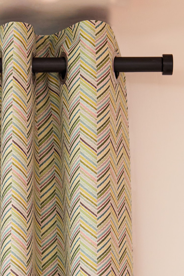 Multicolour Green Chevron Jacquard Eyelet Lined Curtains - Image 1 of 5