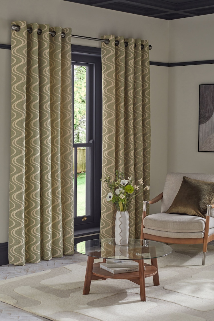 Green Swirl Jacquard Eyelet Lined Curtains - Image 1 of 5