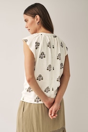 Ecru Cream Linen Blend Button Down Relaxed Sleeve Printed Top - Image 2 of 5