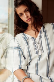 White/Blue Oversized Cover Up Kaftan With Linen - Image 3 of 8