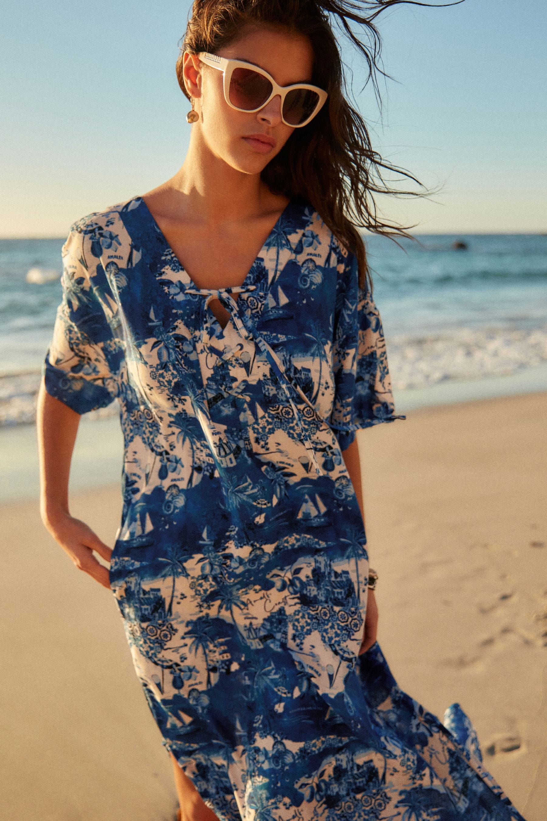 Buy Blue White Summer Maxi Kaftan Dress With Linen from the Next UK online shop