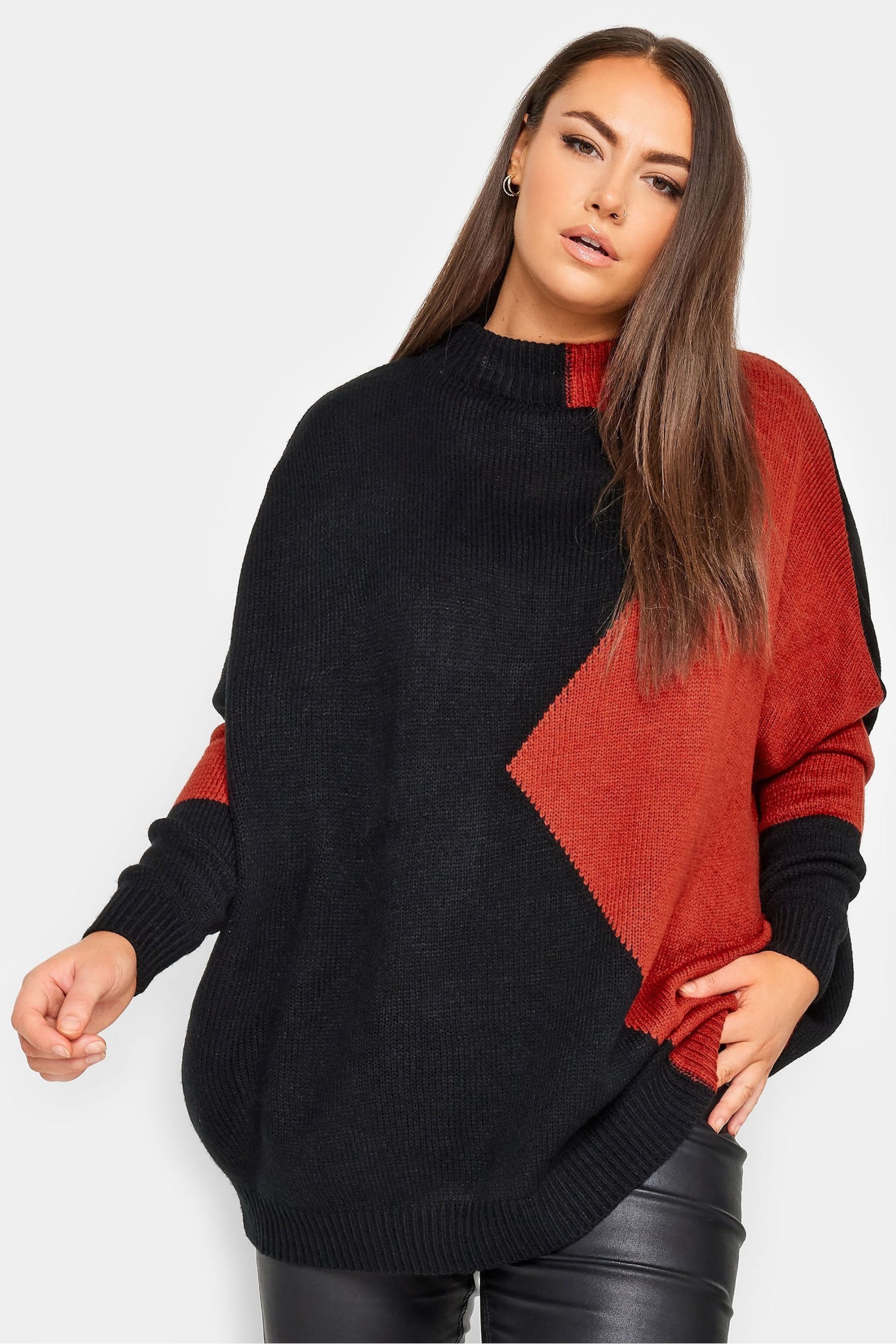 Yours Curve Orange Oversize Colourblock Jumper - Image 1 of 5