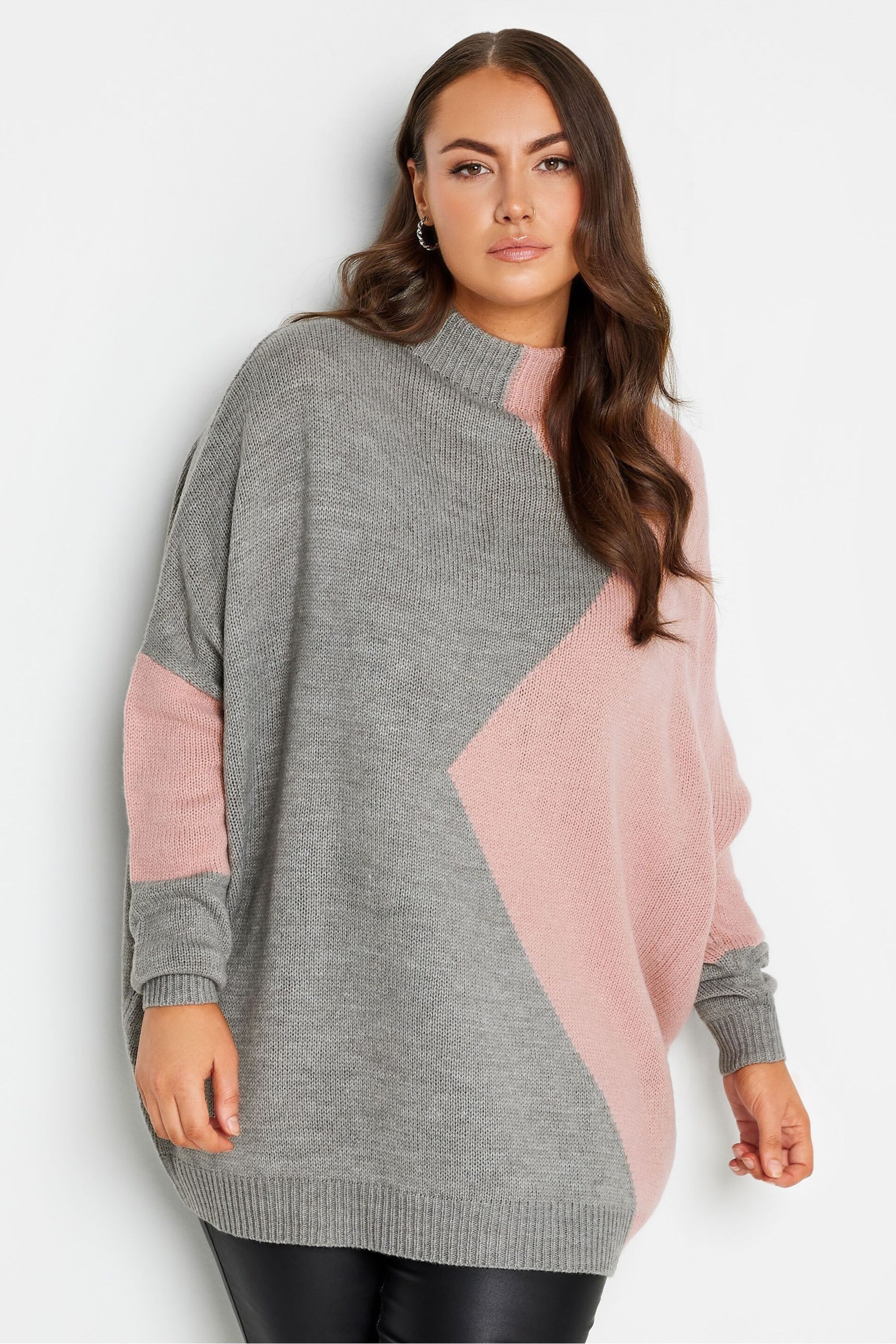 Yours Curve Grey Oversize Colourblock Jumper - Image 1 of 4