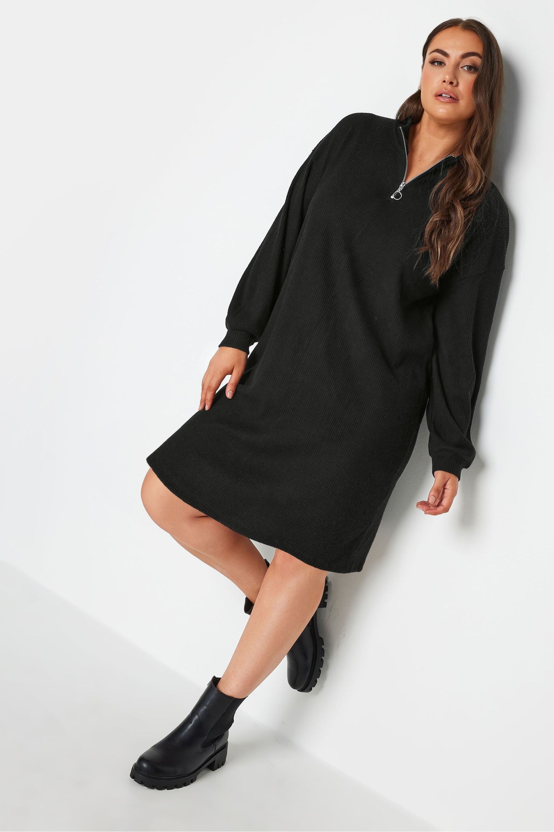 Yours Curve Black Soft Touch Ribbed Half Zip Midi Dress - Image 3 of 4