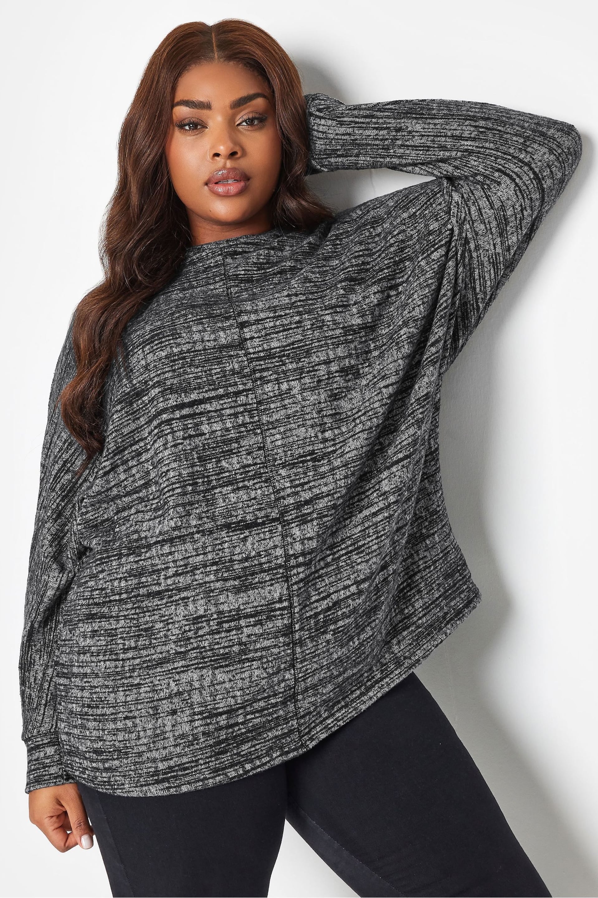 Yours Curve Black Spacedye Soft Touch Front Seam Long Sleeve Top - Image 1 of 4