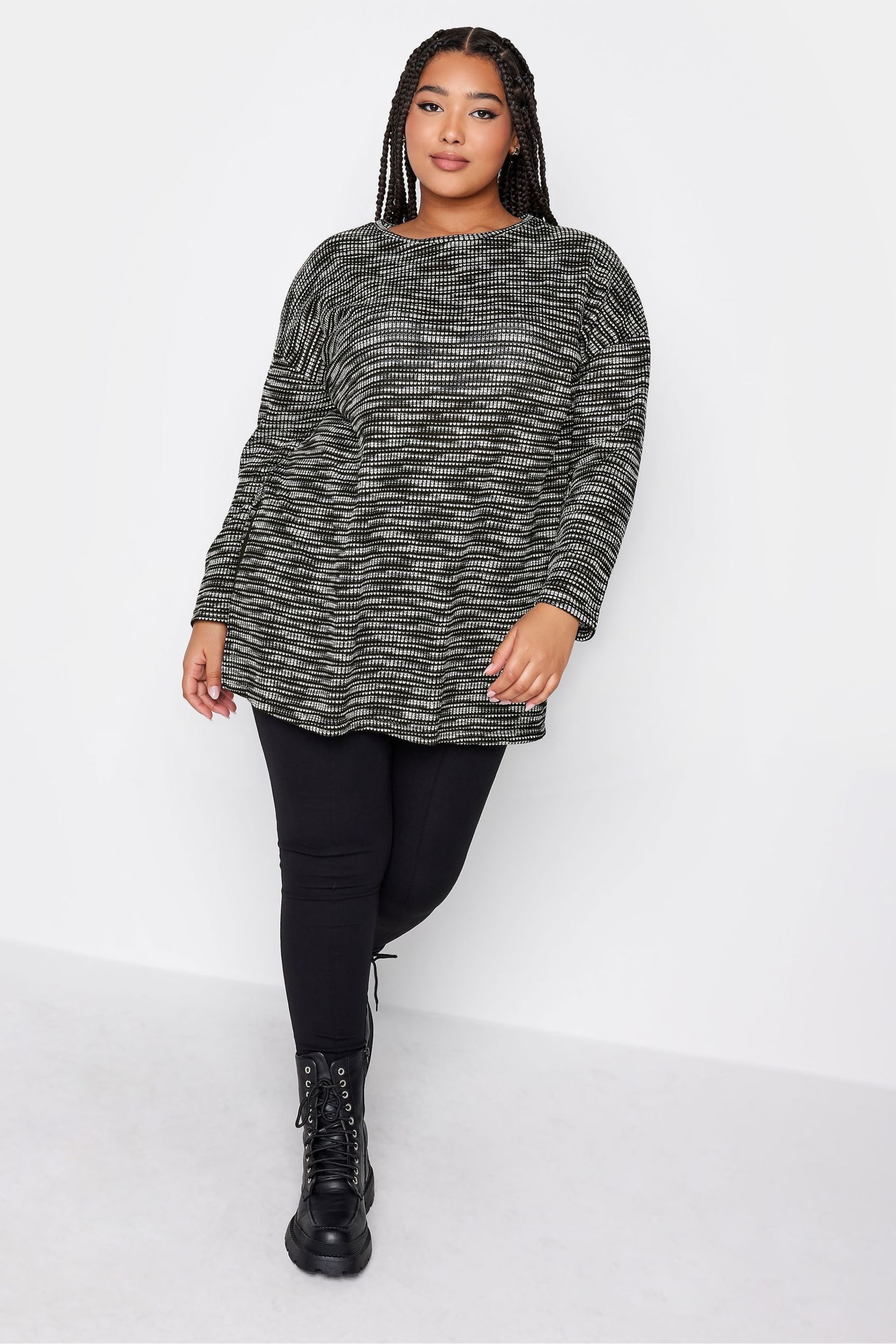 Yours Curve Black Contrast Trim Long Sleeve Top - Image 3 of 4