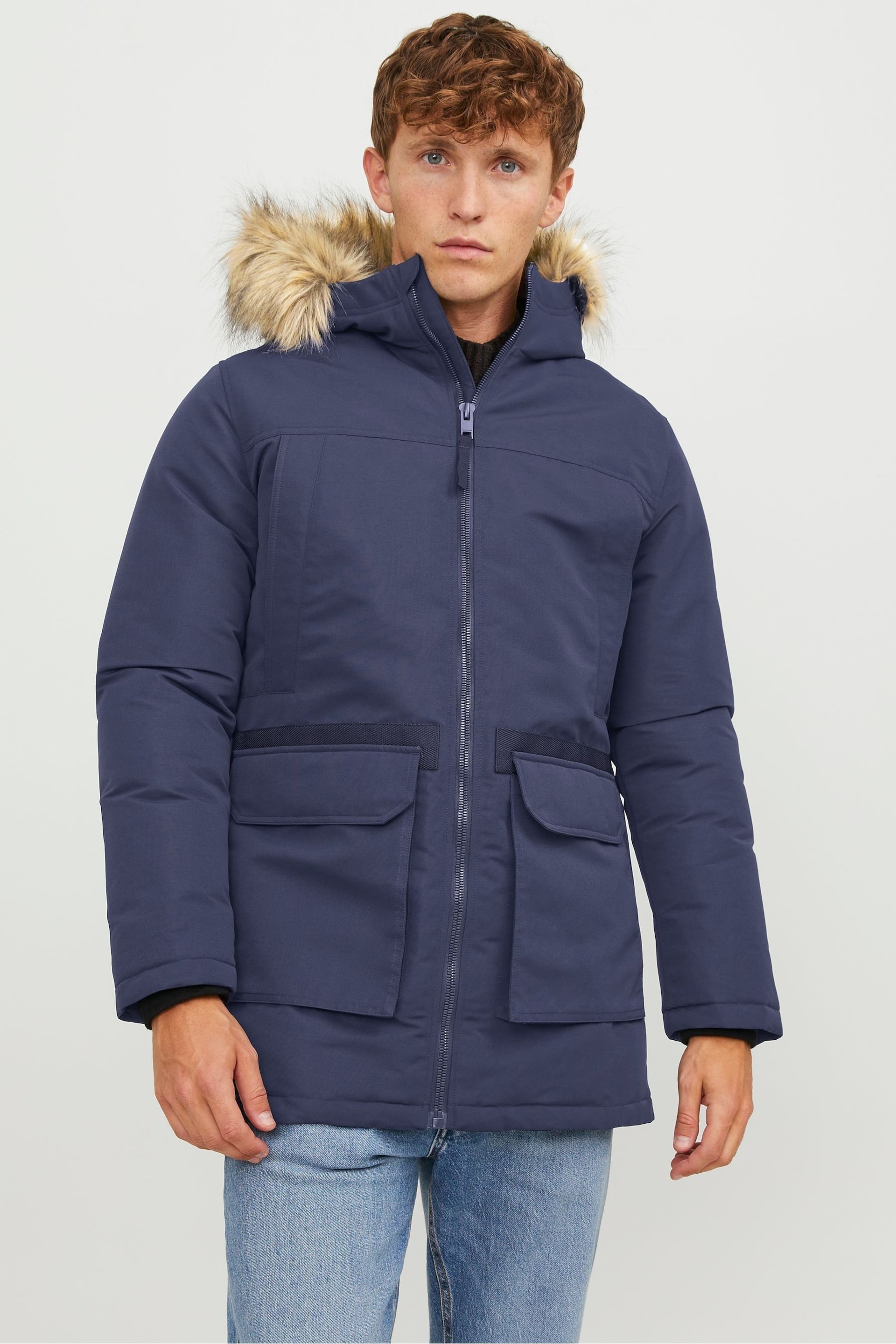 JACK & JONES Blue Faux Fur Trim Hooded Parka - Image 1 of 5