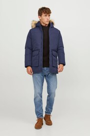 JACK & JONES Blue Faux Fur Trim Hooded Parka - Image 3 of 5