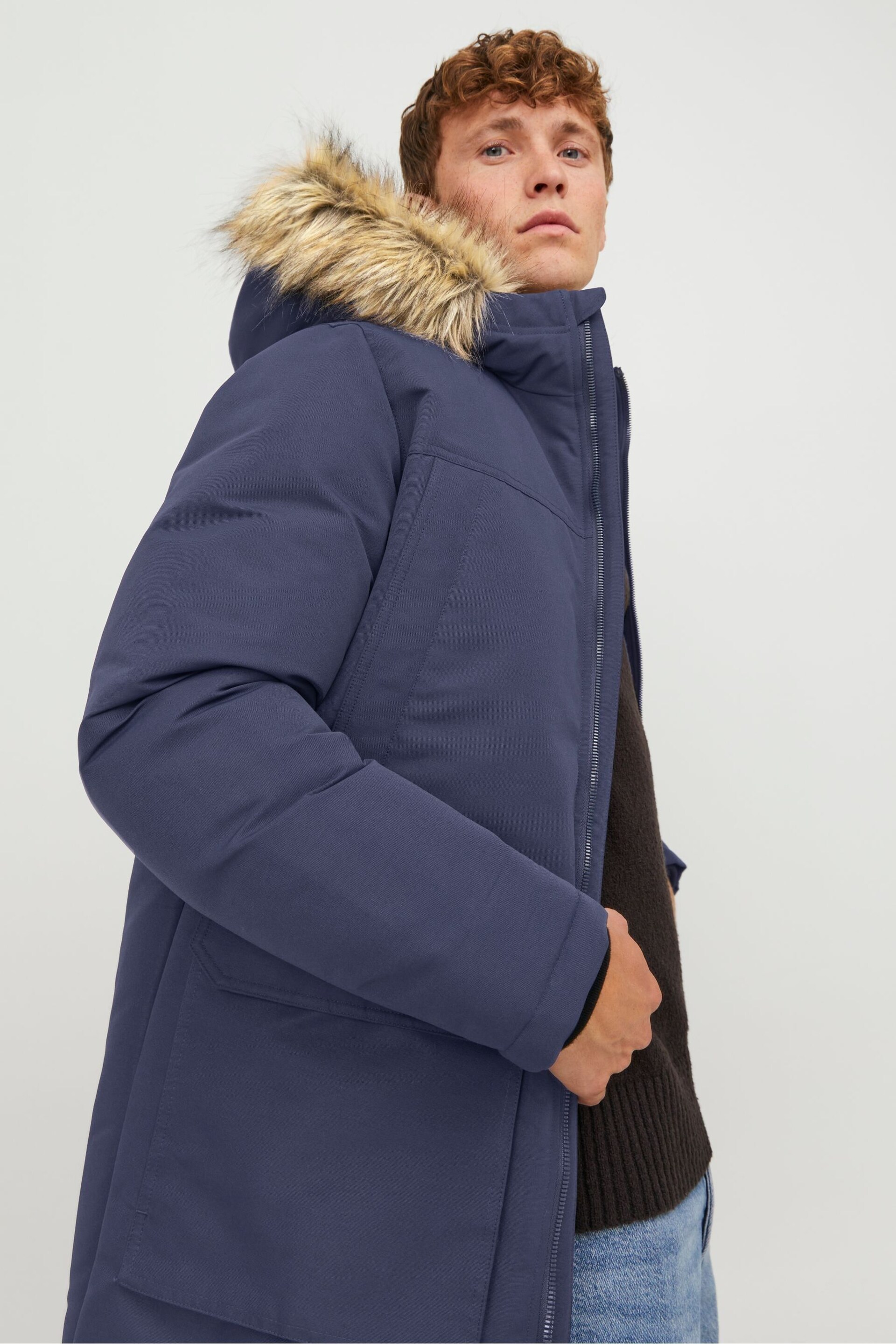 JACK & JONES Blue Faux Fur Trim Hooded Parka - Image 4 of 5