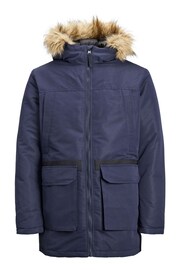 JACK & JONES Blue Faux Fur Trim Hooded Parka - Image 5 of 5