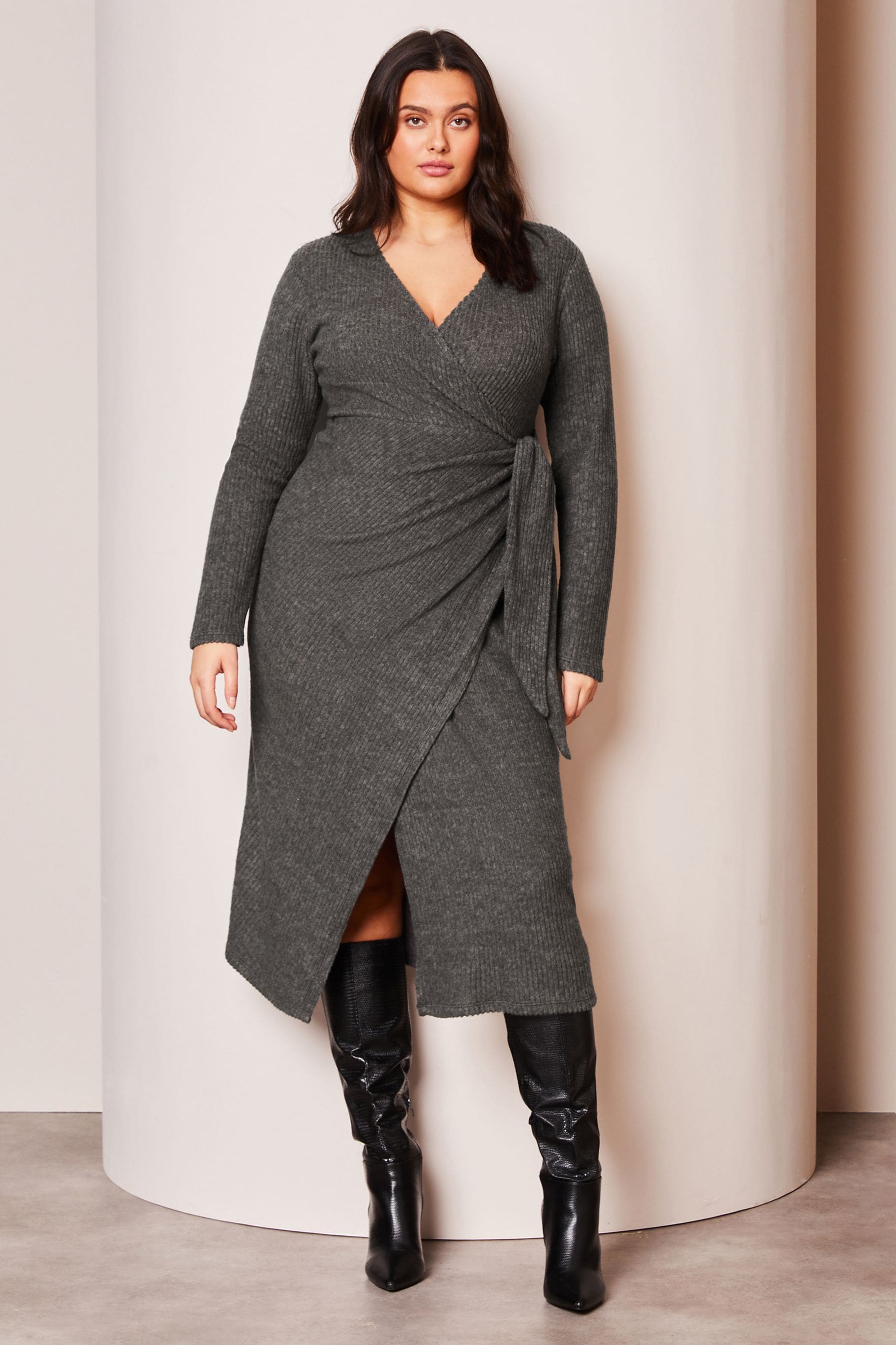 Buy Lipsy Grey Curve Long Sleeve Cosy Tie Side Wrap Midi Jumper Dress from Next Luxembourg