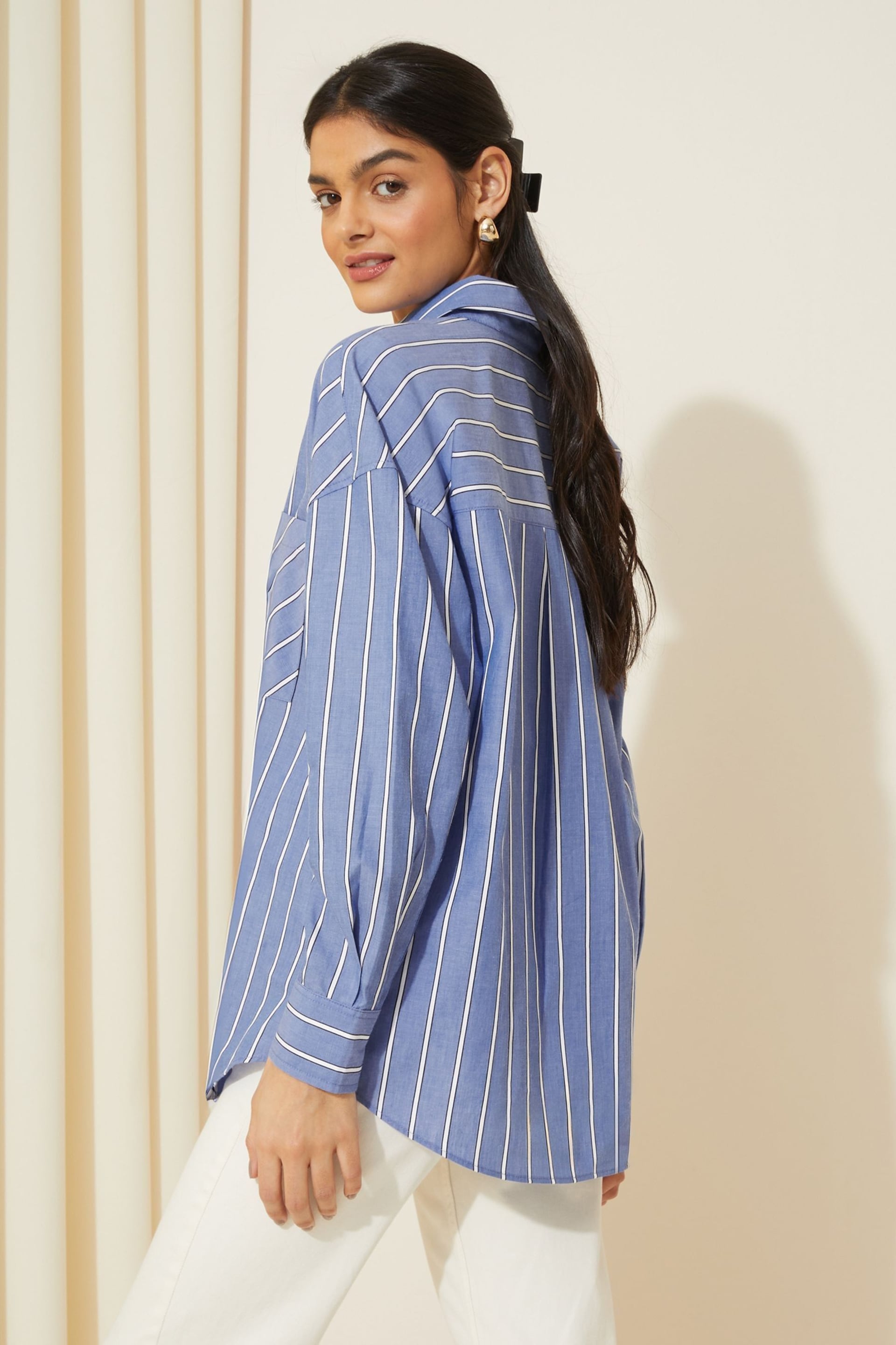 Friends Like These Blue Stripe Cotton Poplin Long Sleeve Button Through Shirt - Image 4 of 4