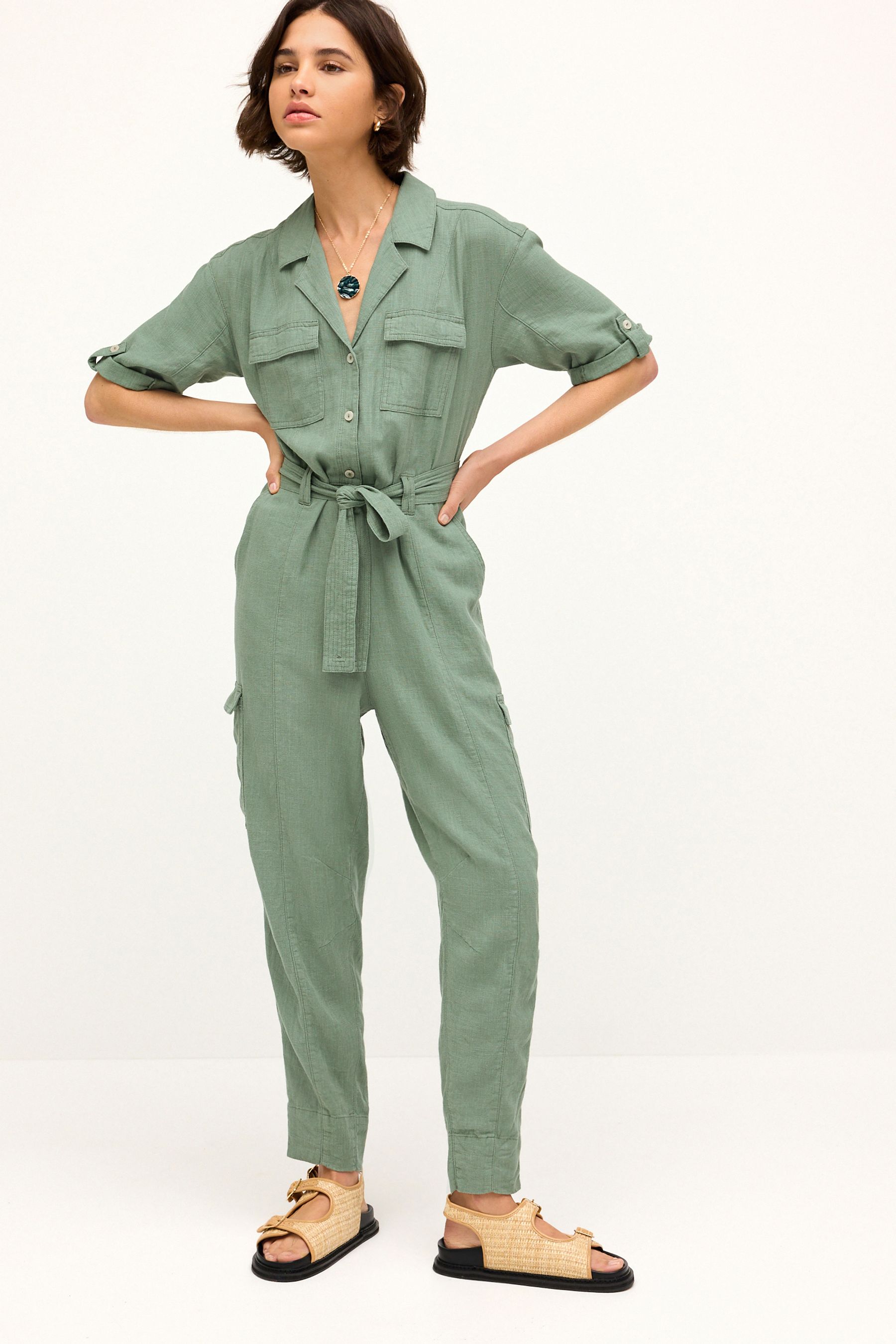 Buy Khaki Green Linen Blend Utility Cargo Belted Jumpsuit from Next USA