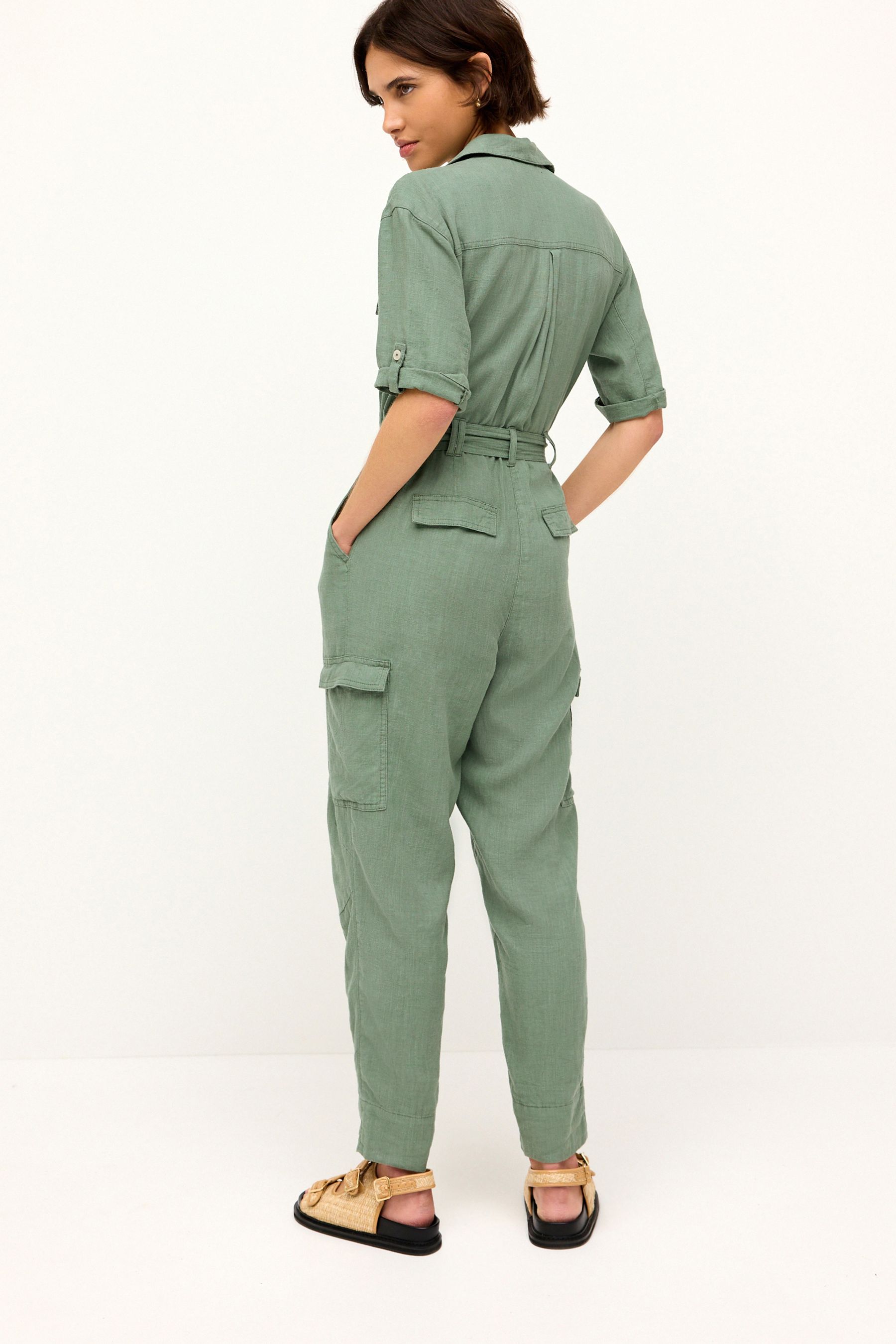 Buy Khaki Green Linen Blend Utility Cargo Belted Jumpsuit from Next USA