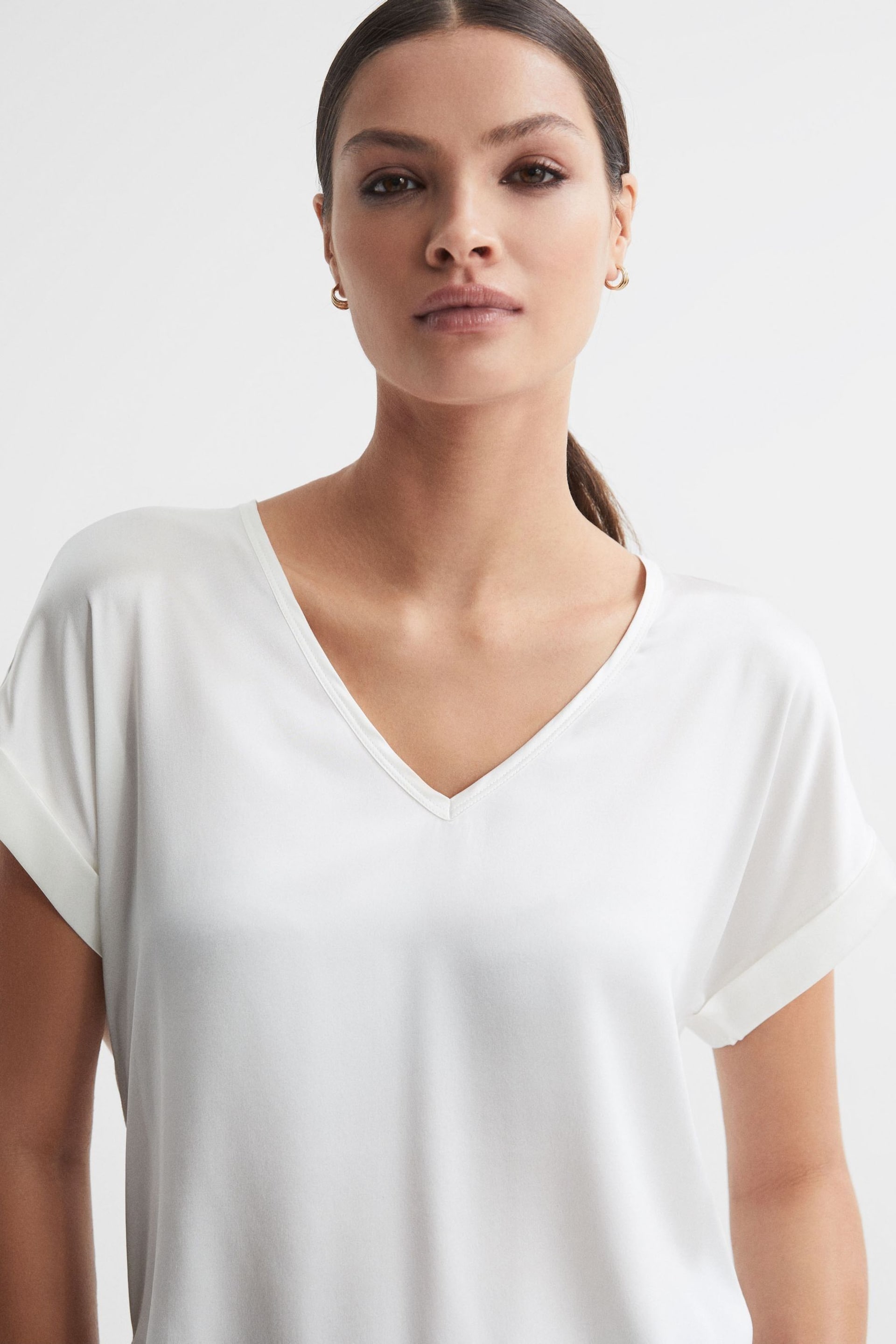 Reiss Ivory Natalia Silk-Front V-Neck T-Shirt - Image 1 of 5